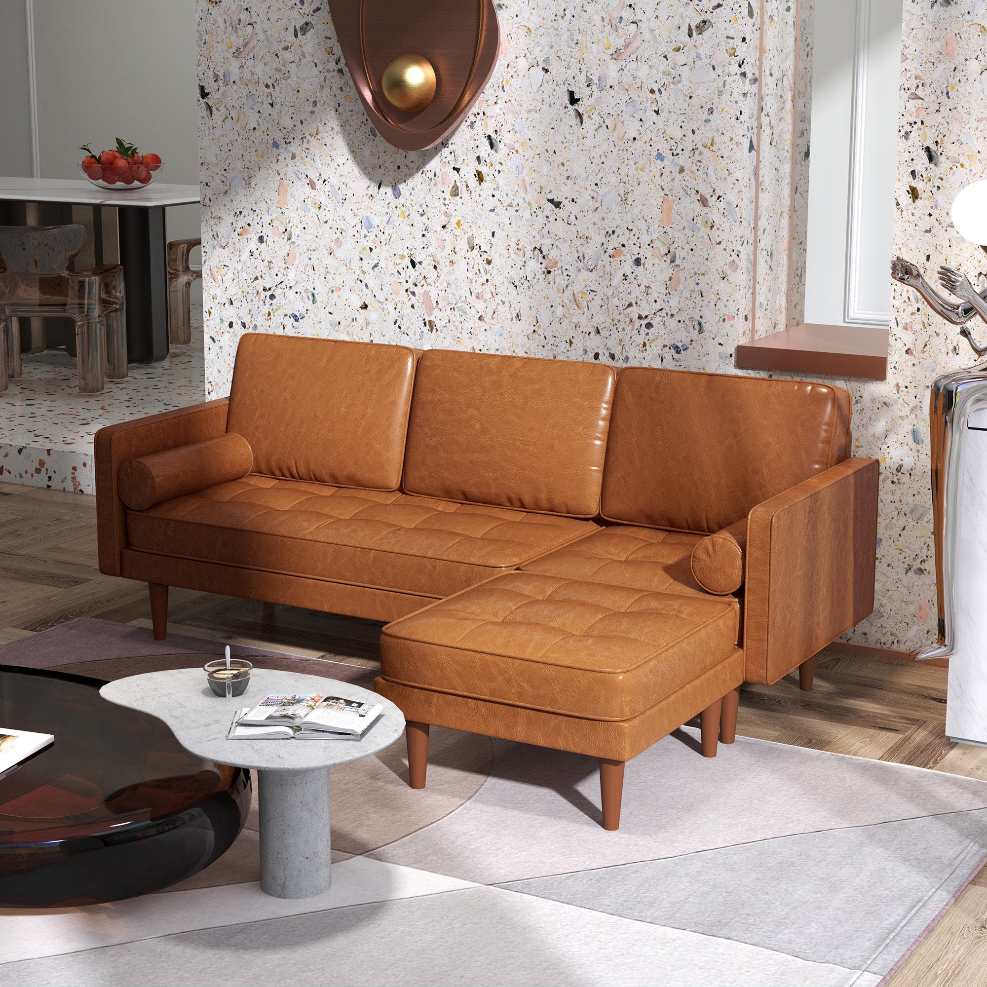 Reuben Faux Leather  Sectional-Sofa with movable Footstool and 2 Bolster Pillows-Brown
