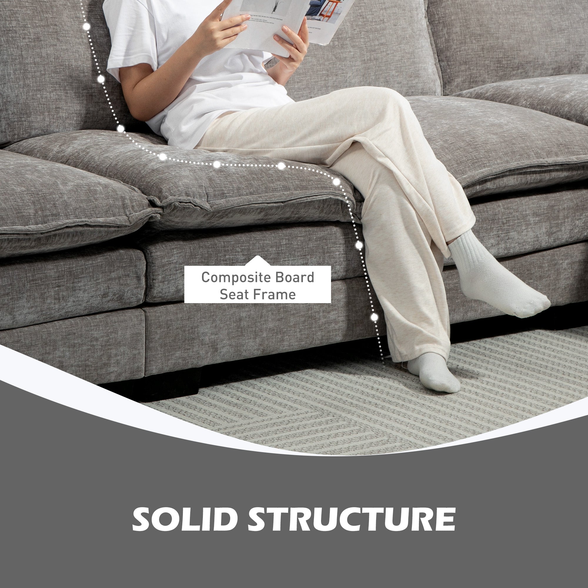 GABI Sectional RHF with Chaise Lounge, Chenille L-shaped Couch with Double-layer Seat Cushion for Living Room, Grey