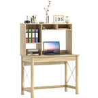 Sloan Computer Desk with Hutch, Home Office Table with Storage Shelves and Open Compartments for Writing, Work, Oak