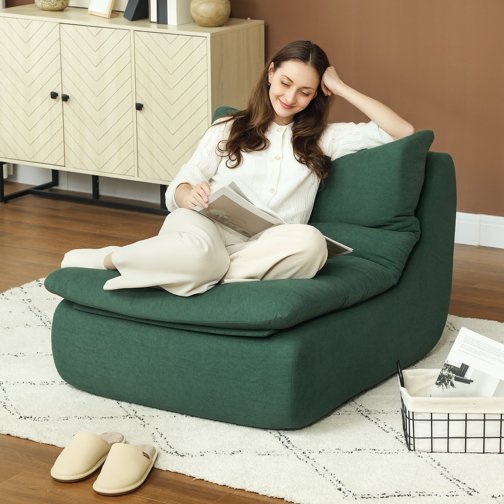 ANDRE Lounger Floor Chair with Single Piece Ultra High-Density Foam, Armless Floor Chair for Living Room, Bedroom, Home Office, Green