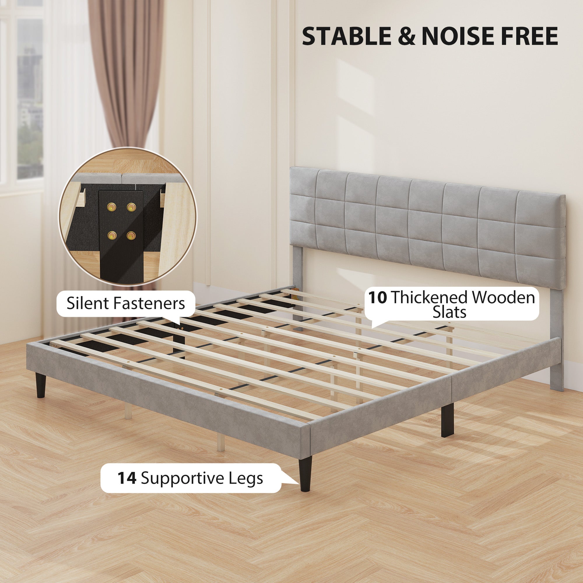 Harper King Size Bed Frame with Upholstered Headboard, Modern Platform Bed Frame with Wood Slats, 1100 lbs Capacity, Grey