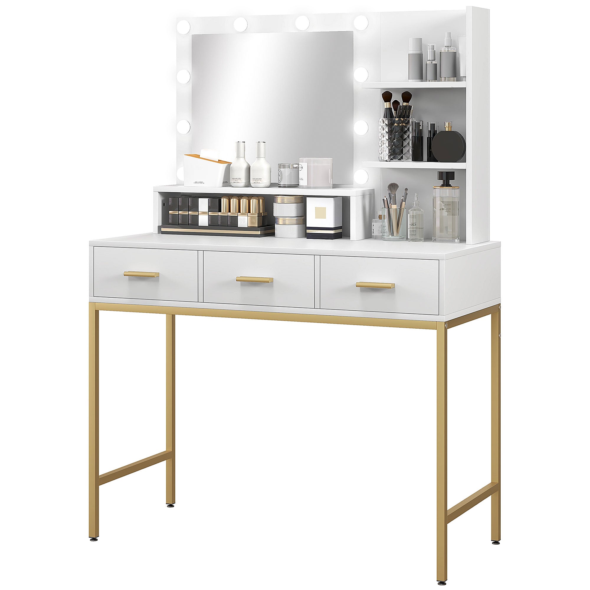 Sophia Illuminated Dressing Table, LED Vanity Table with Mirror, 3 Drawers and Storage Shelves for Bedroom, White