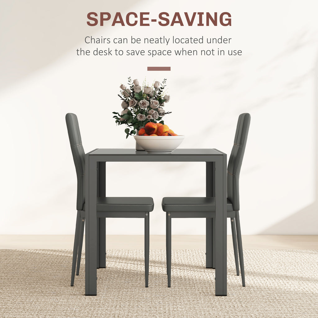 Zaya 3-Piece Rectangular Glass Kitchen Table and Chairs with Metal Frame and Faux Leather Upholstery for Dining Room, Grey