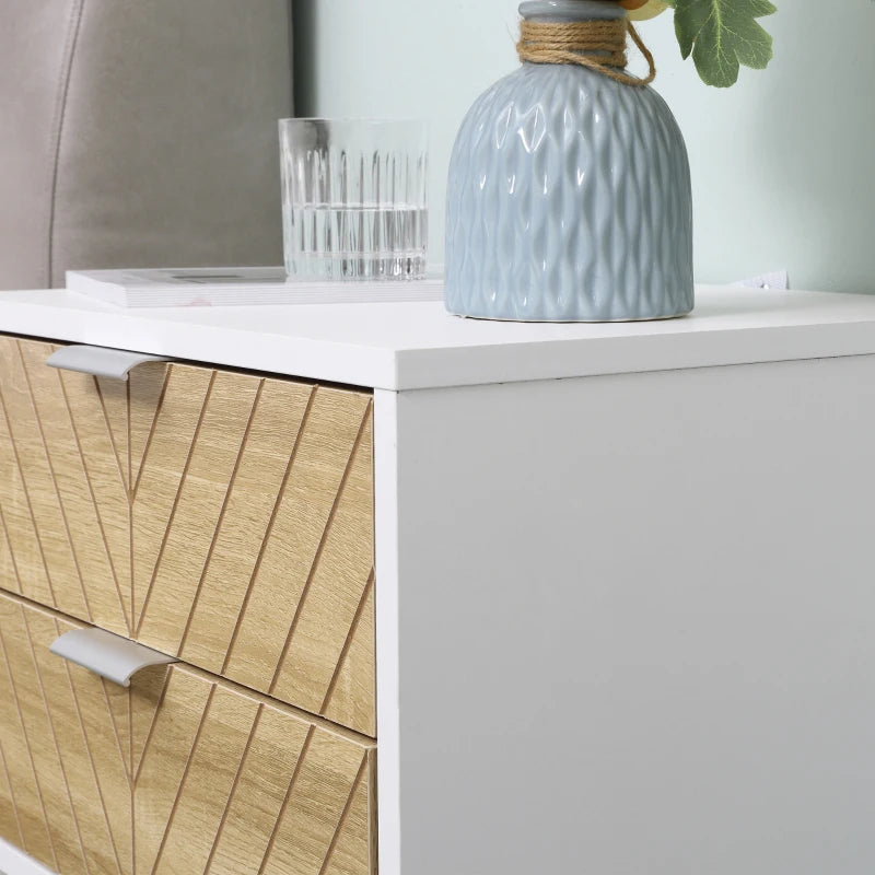 Modern Bedside Table with 2 Drawers and Steel Frame, Sofa Side Table for Bedroom Living Room, White and Oak