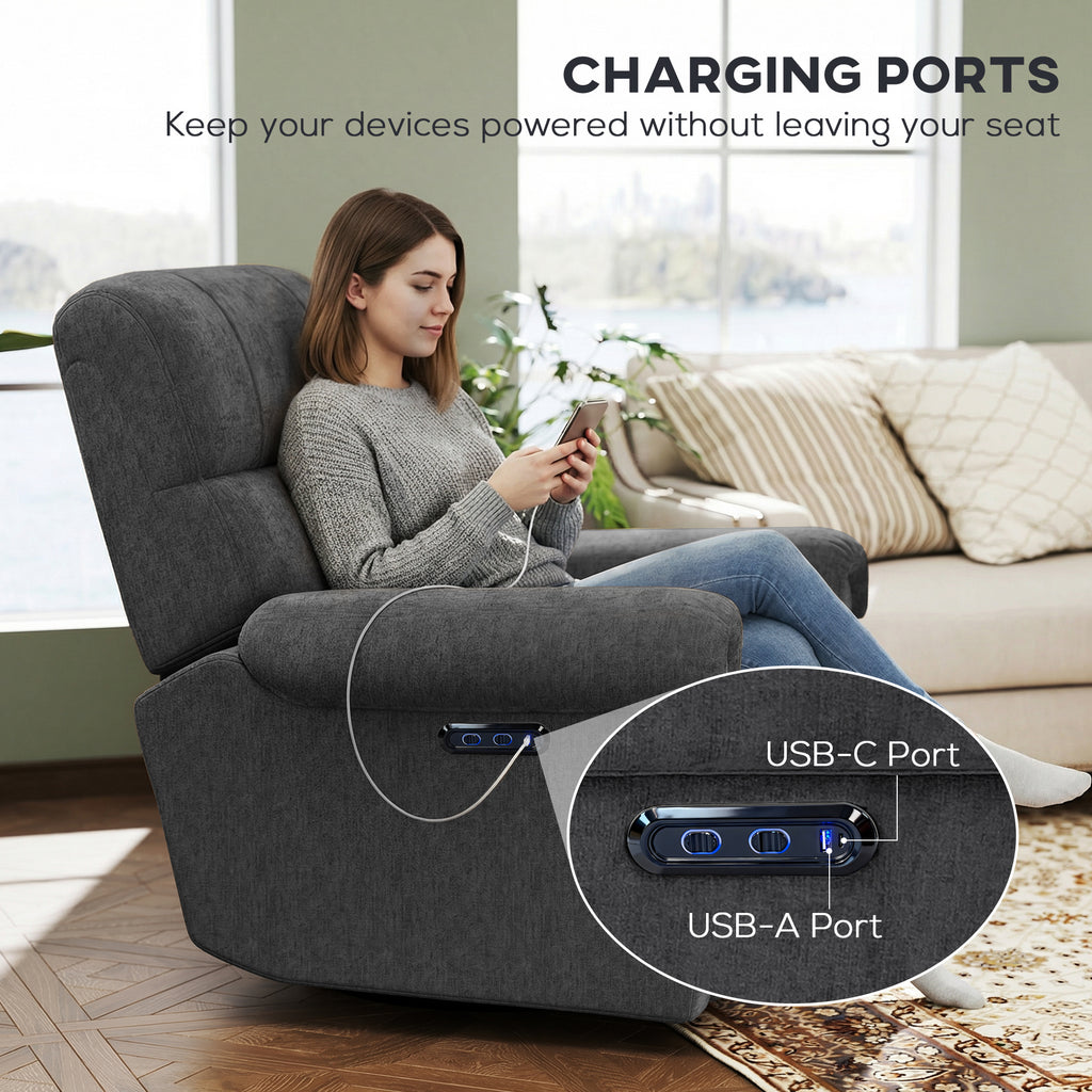 Flynn Power Reclining Chair with USB Ports, Swivel and Rocking Functions-Dark Grey