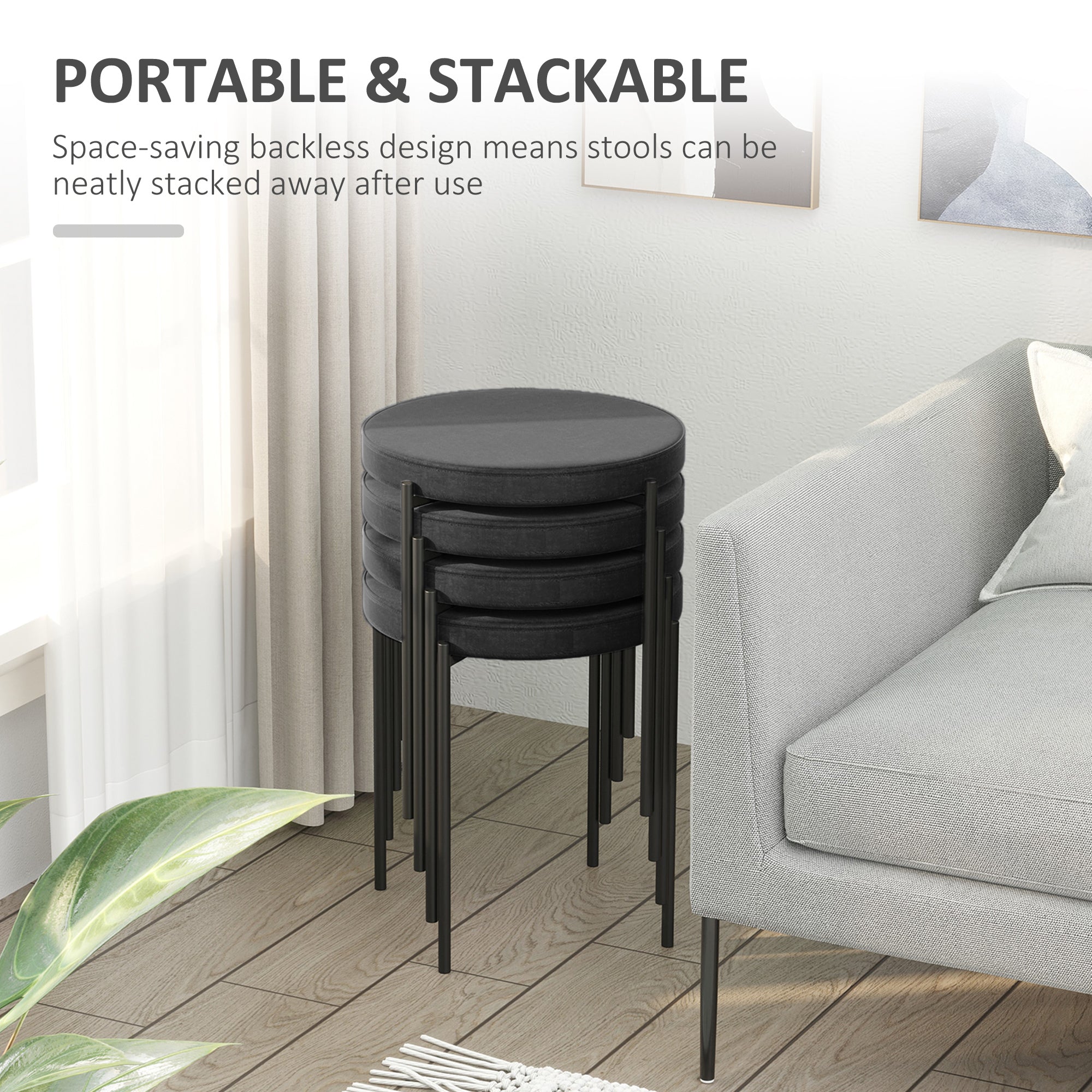 Noel Backless Round Dining Chairs, Modern Stacking Stools Set of 4, Kitchen Chairs with Metal Legs, Black