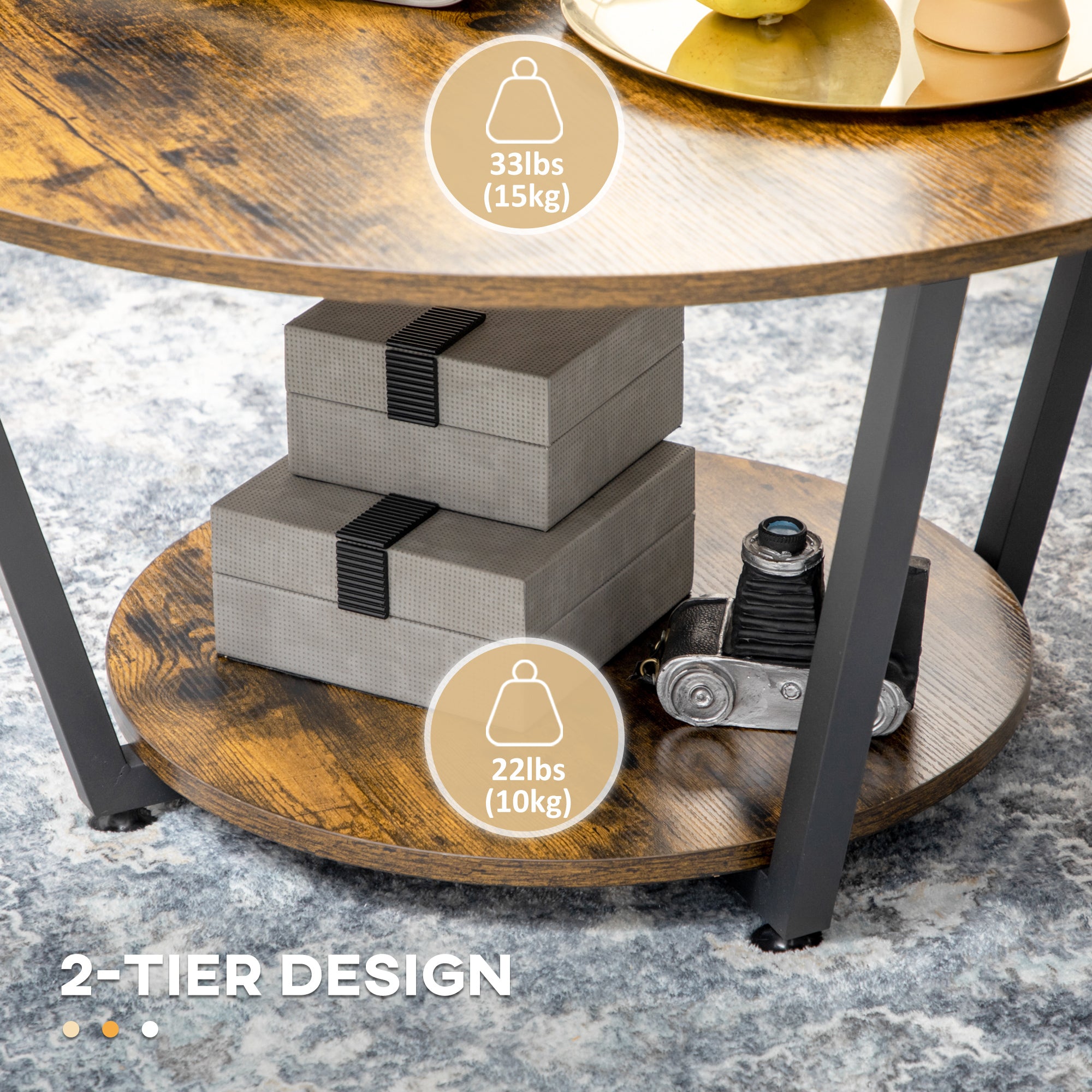 Matt 2-Tier Round Coffee Table with Storage Shelf, Industrial Center Table with Steel Frame for Living Room, Rustic Brown