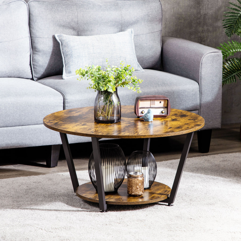 Matt 2-Tier Round Coffee Table with Storage Shelf, Industrial Center Table with Steel Frame for Living Room, Rustic Brown