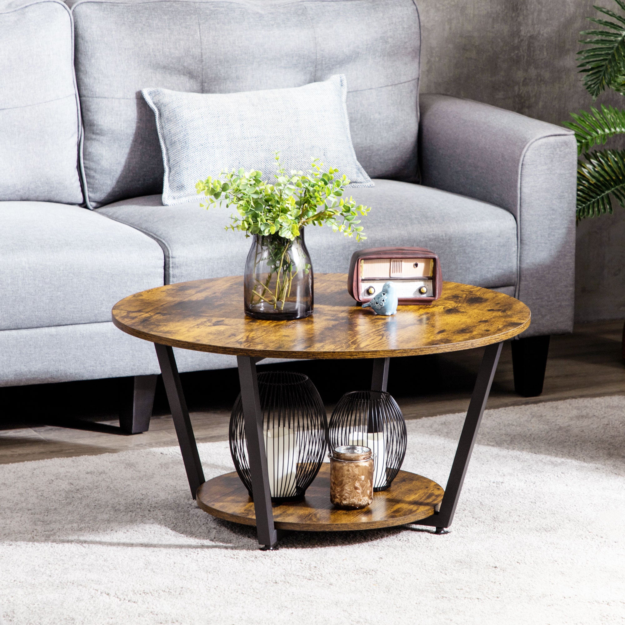 Matt 2-Tier Round Coffee Table with Storage Shelf, Industrial Center Table with Steel Frame for Living Room, Rustic Brown