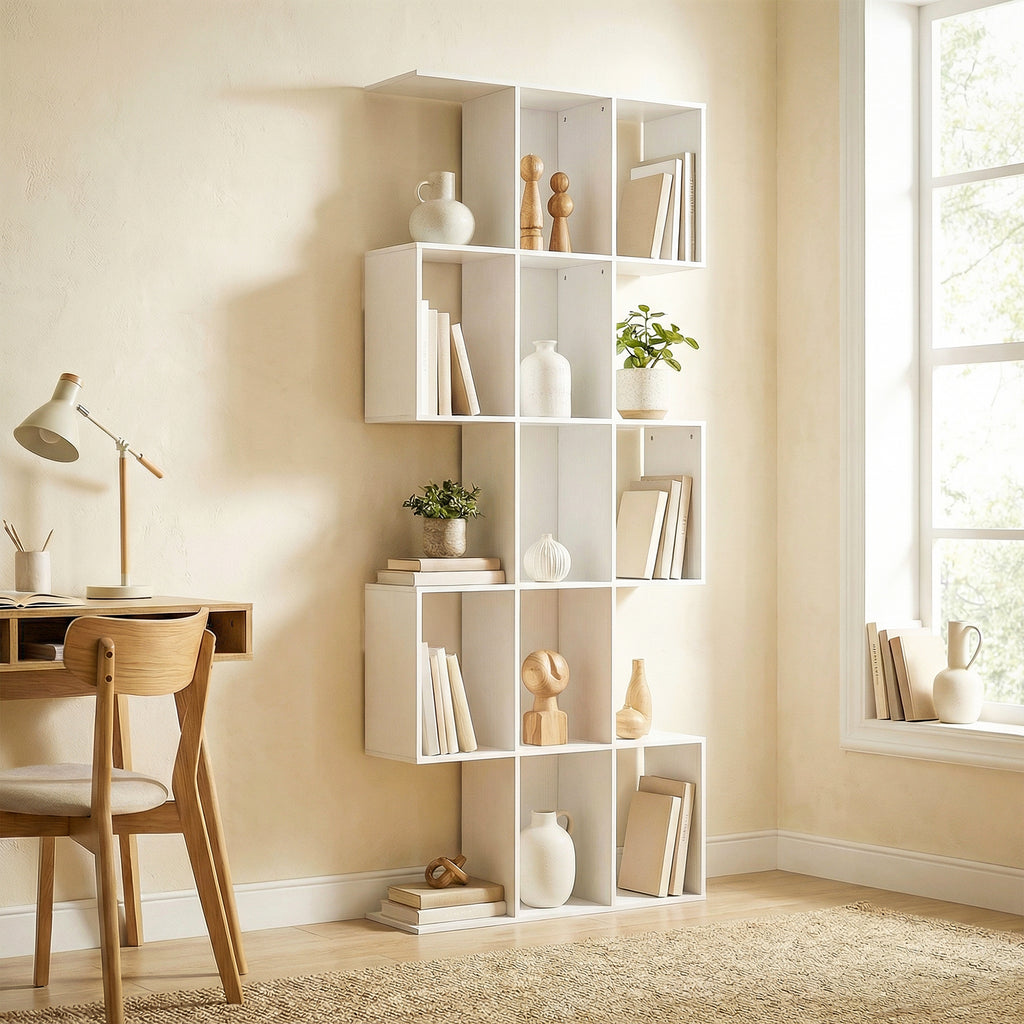 Ari 5-Tier S Shaped Geometric Bookshelf with 15 Compartments-White