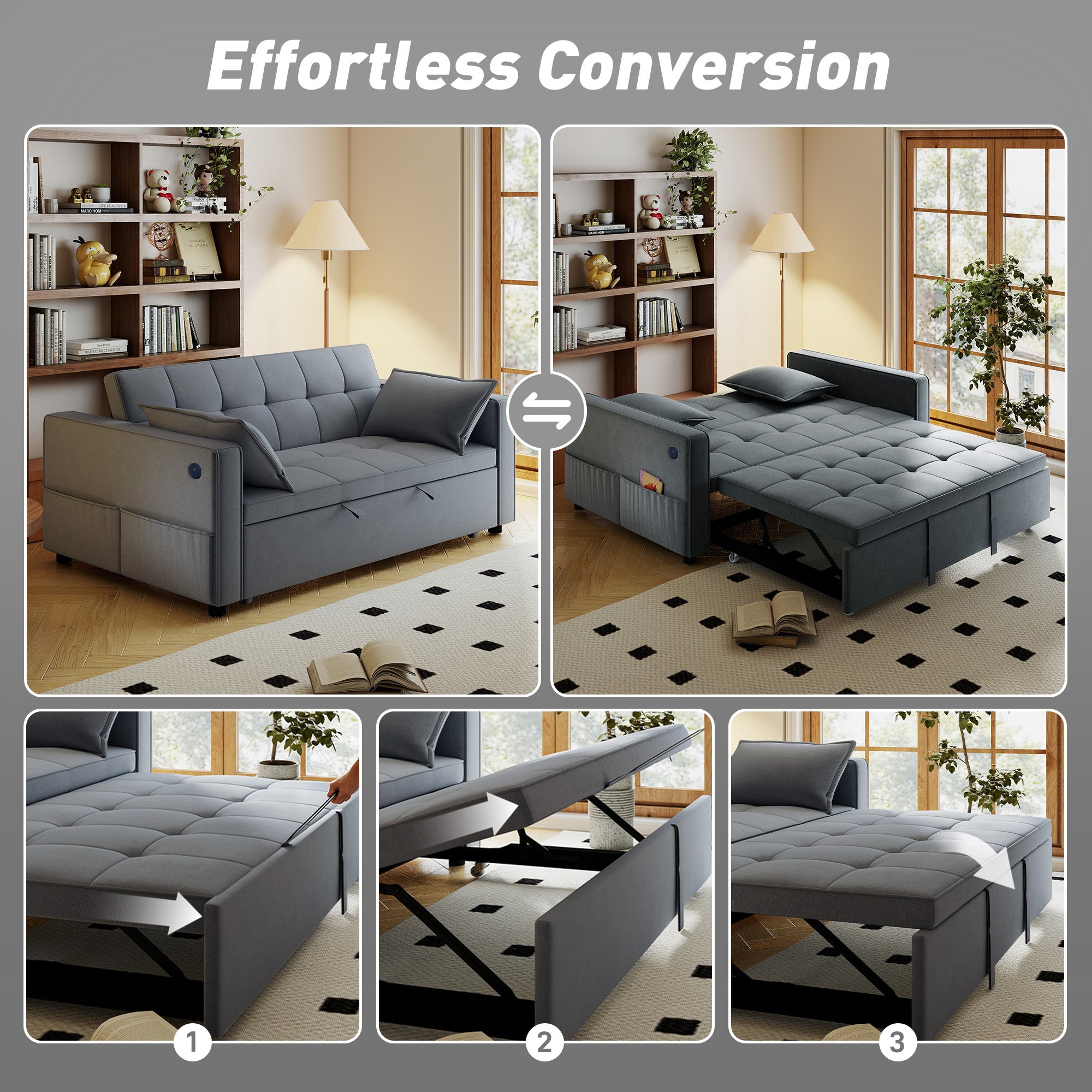 Ari 3 in 1 Convertible Sofa Bed with Adjustable Backrest and USB Ports-Dark Grey