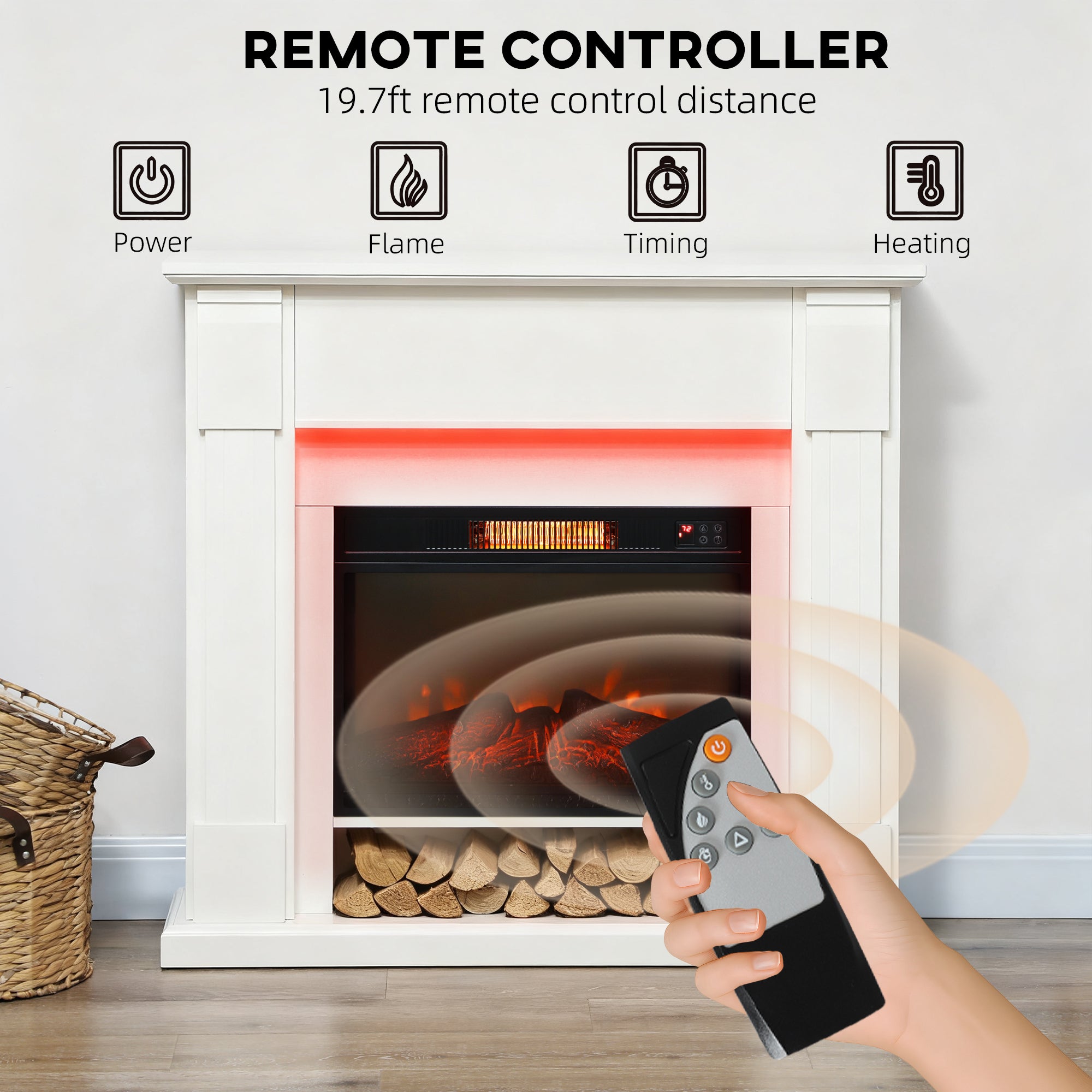 Electric fireplace with mantel featuring realistic flame effect for home heating