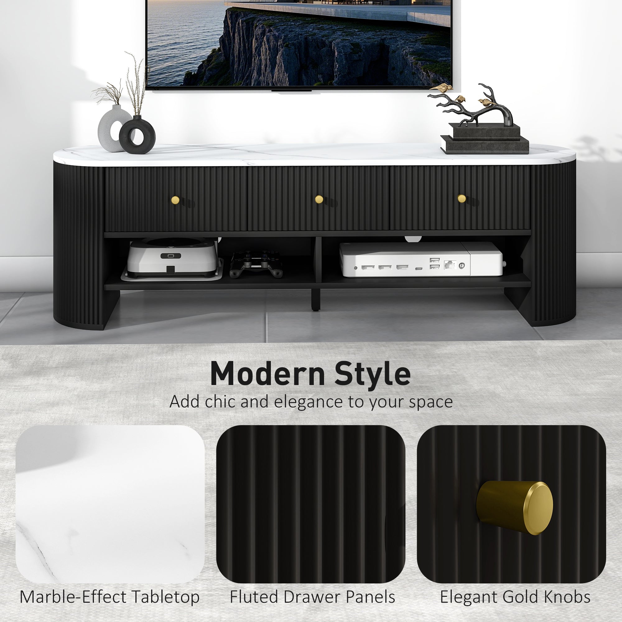 Colby TV Stand Modern TV Table with Marble-Effect Top