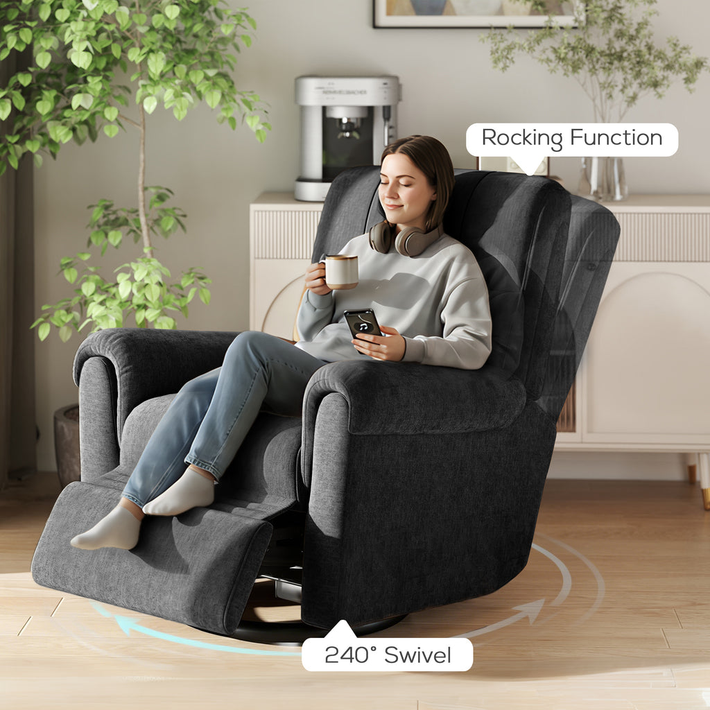 Flynn Power Reclining Chair with USB Ports, Swivel and Rocking Functions-Charcoal Grey/Black