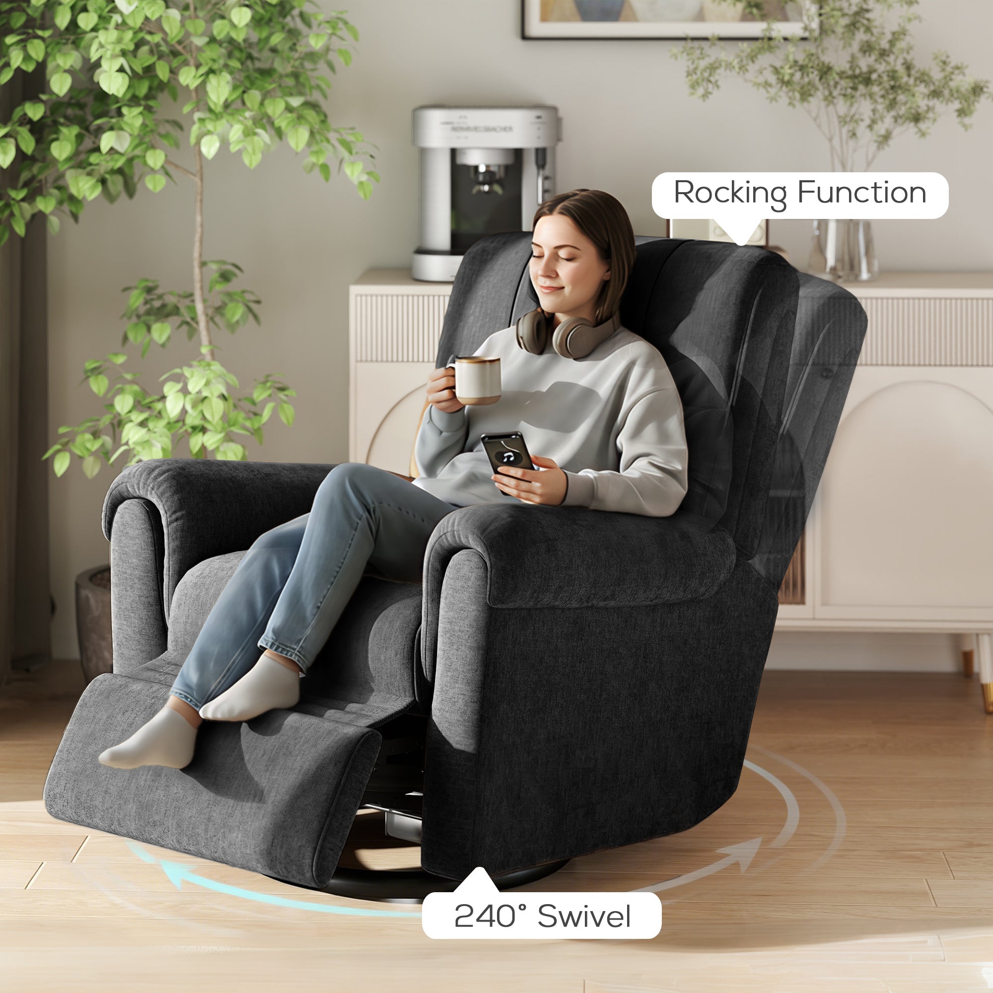 Flynn Power Reclining Chair with USB Ports, Swivel and Rocking Functions-Charcoal Grey/Black