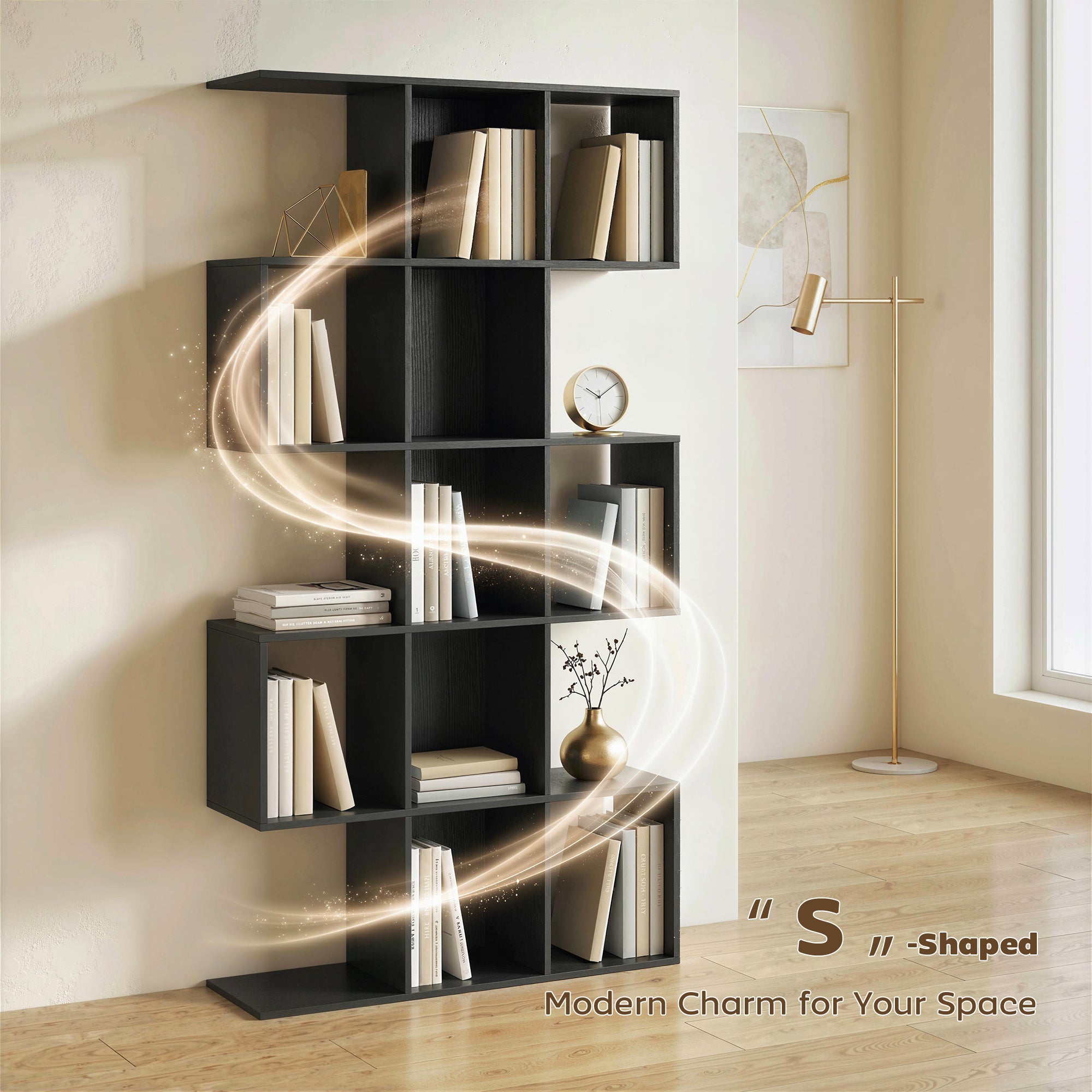 Ari 5-Tier S Shaped Geometric Bookshelf with 15 Compartments-Black