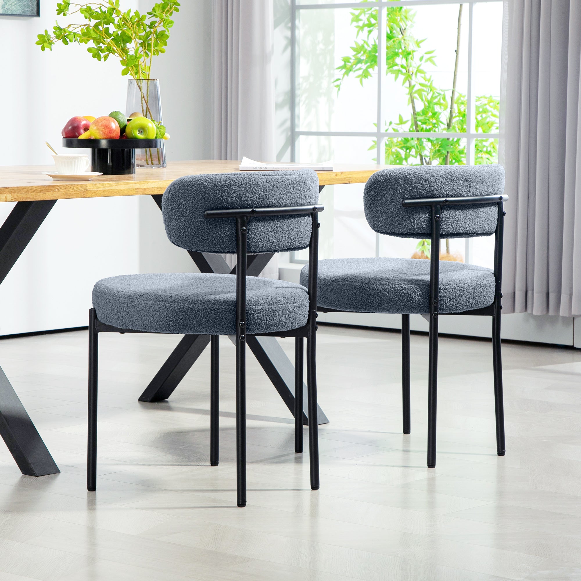 Cruz 2 Pieces Kitchen Chairs, Modern Dining Chairs w/ Berber Fleece Upholstery and Steel Legs for Living Room, Grey