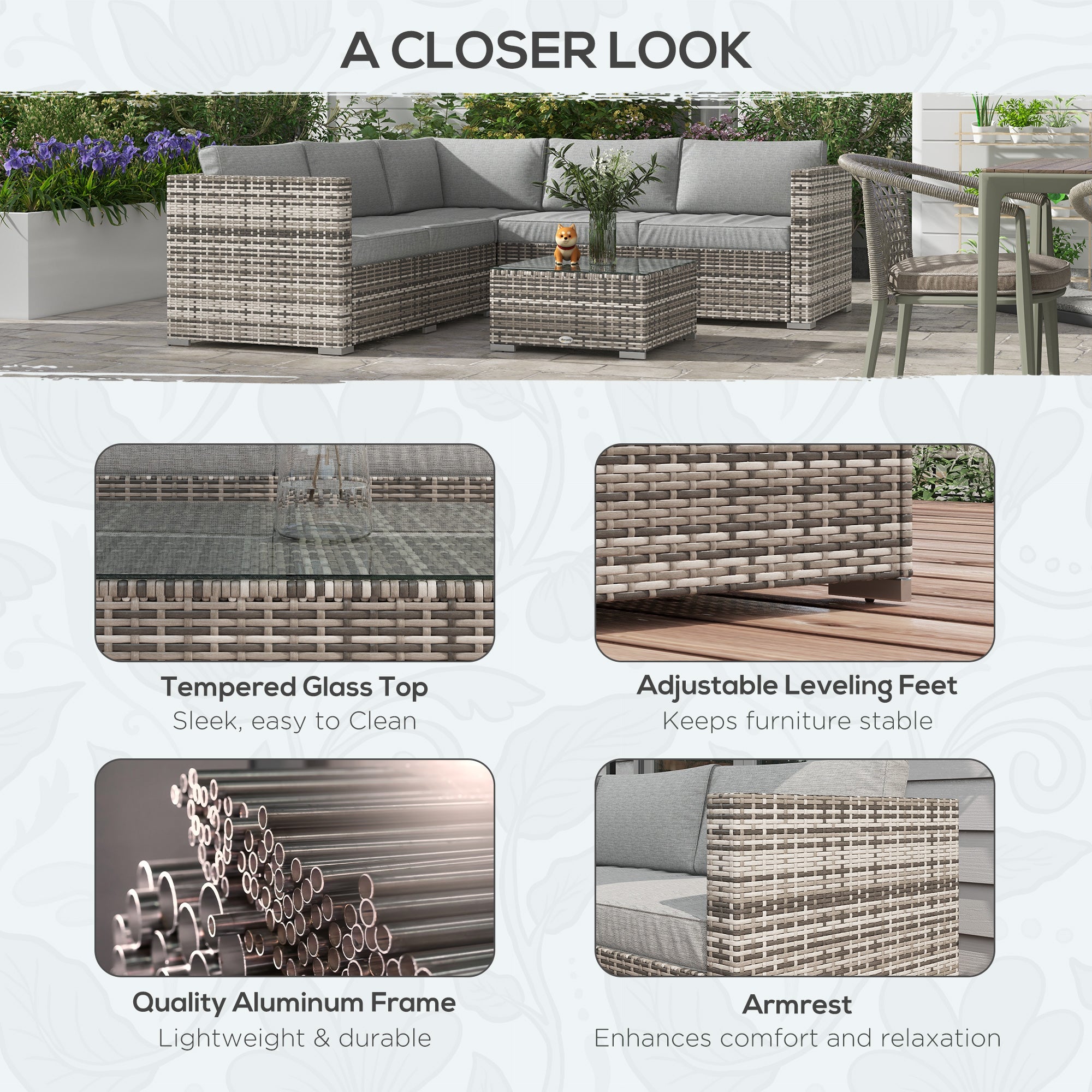 Brooke 4 Pieces Rattan Wicker Outdoor Conversation Furniture Set with Centre Table-Mixed Grey