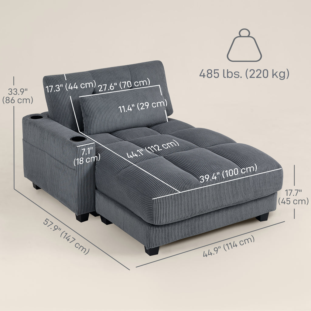 RODRI 58" Chaise Lounge-Indoor, Oversized Corduroy Sofa Bed with 2 Cup Holders, Pillow, Deep Seat Sleeper Couch, Dark Grey