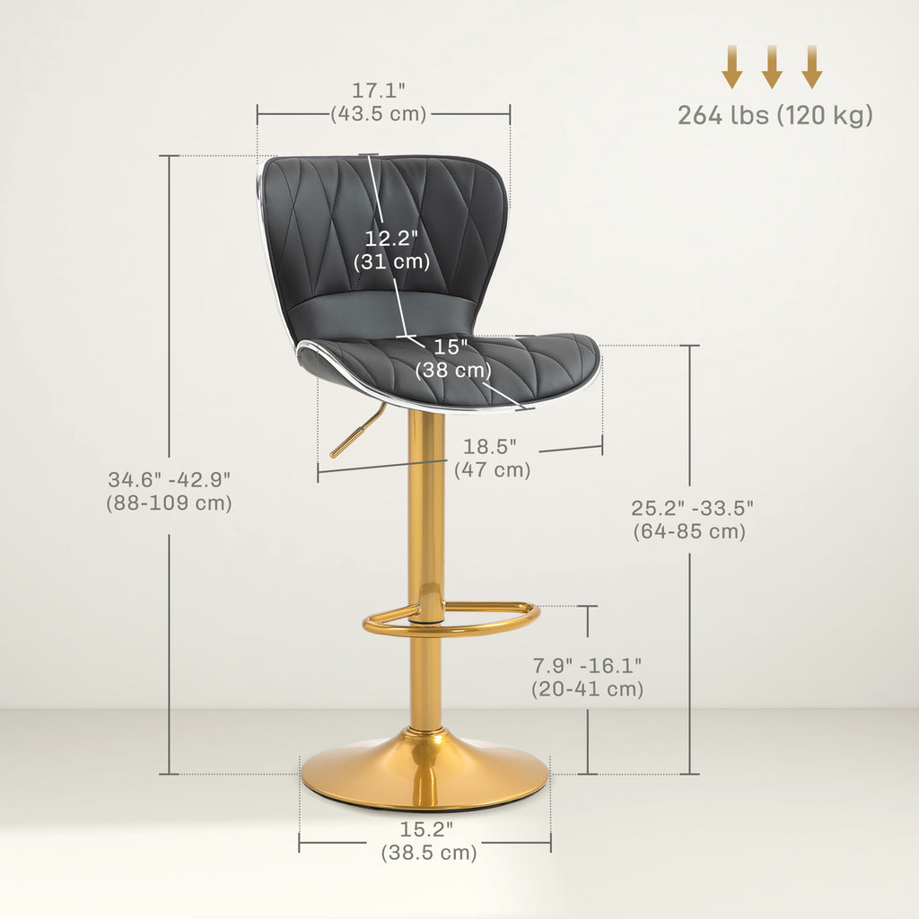 Maxi Counter Height Bar Stools Set of 2, Adjustable Height Bar Chairs with Swivel Seat, Leather Upholstery-Black/Gold