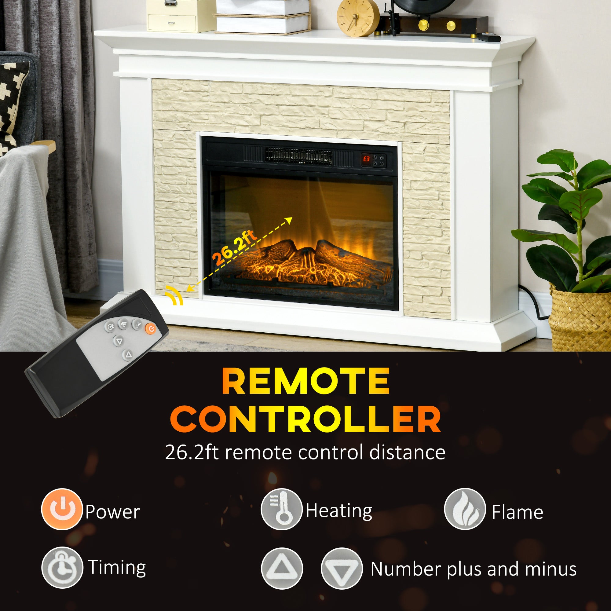 Freestanding fireplace heater with remote control and realistic flame effect