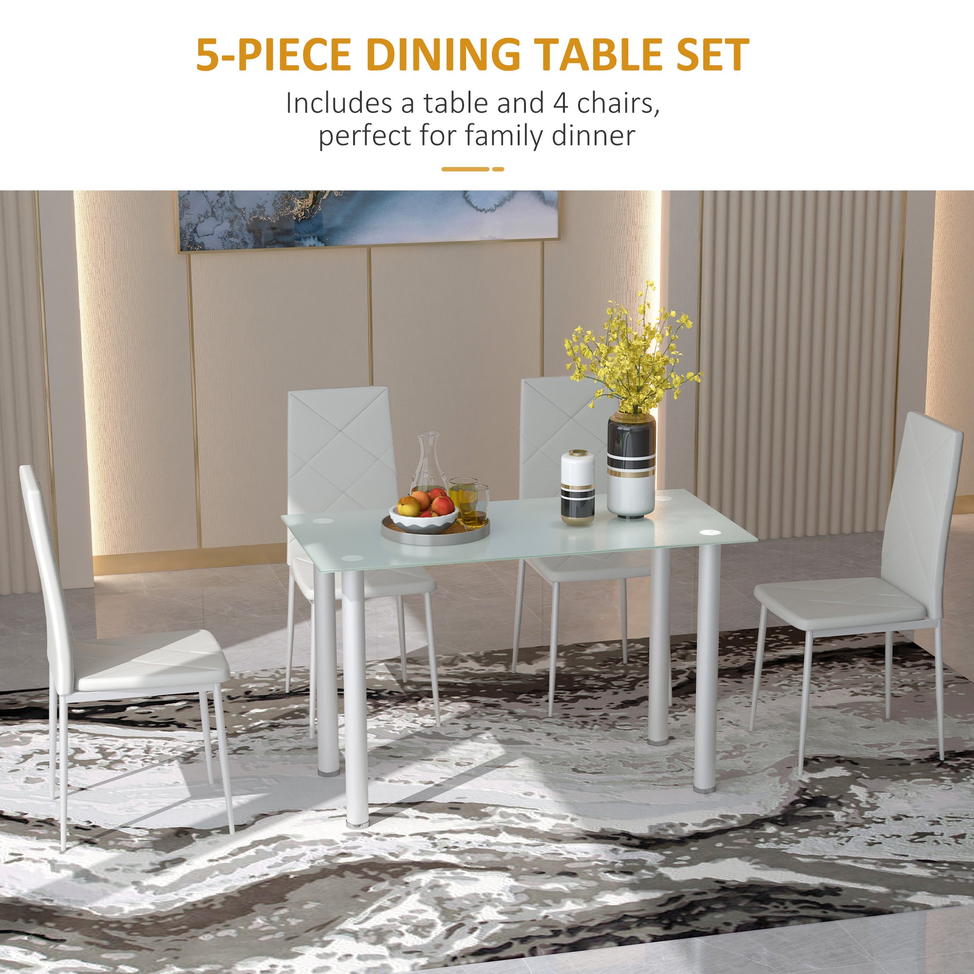 Adam Modern Dining Table Set for 4, Space-Saving 5 Pieces Kitchen Table Set with Rectangle Table and Steel Frame, White