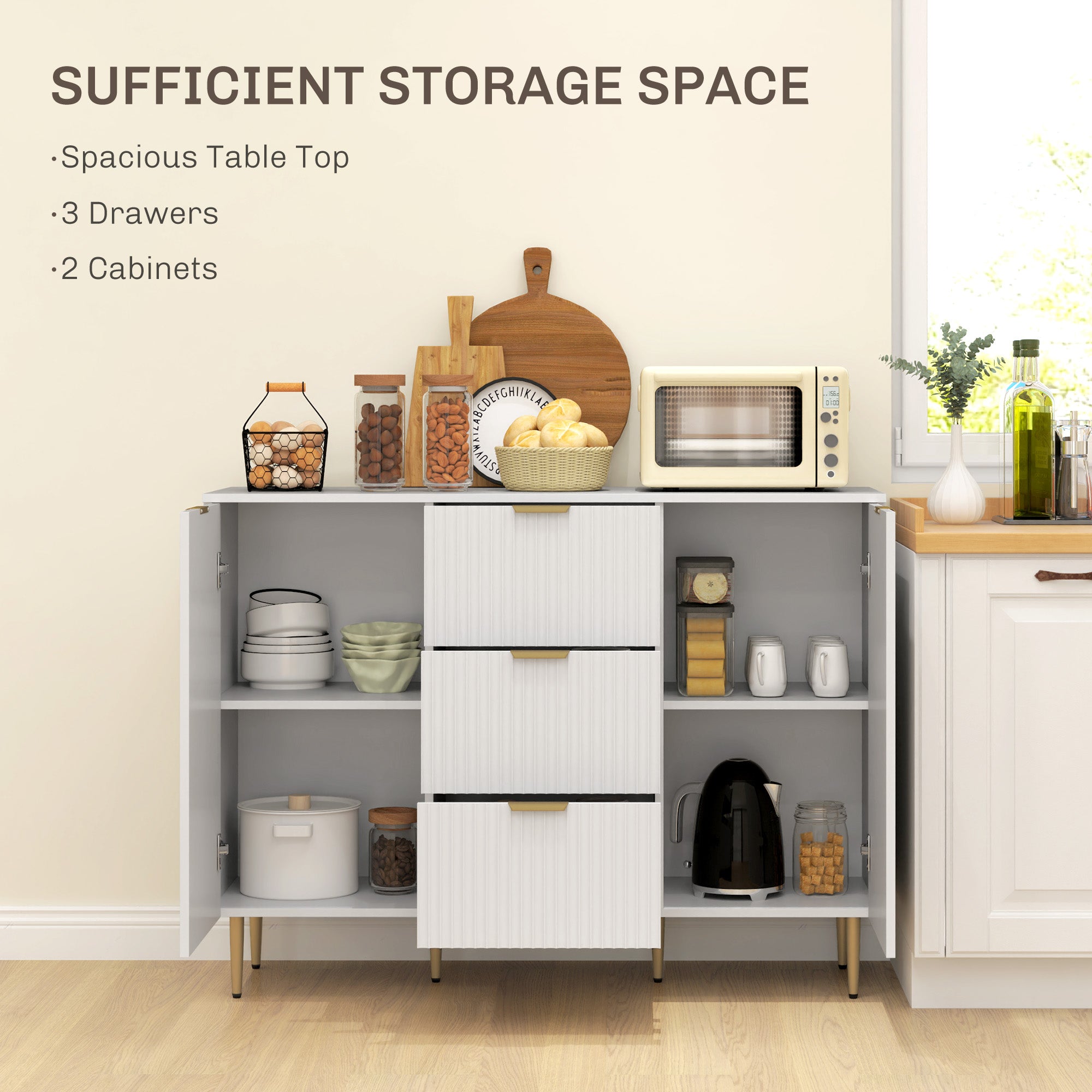 Ellis Modern Kitchen Storage Cabinet, Sideboard Buffet Cabinet w/ 3 Drawers and Adjustable Shelves for Kitchen Hallway, White