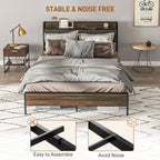 Robin Queen Size Bed Frame with Charging Station, Queen Bed Frame with Upholstered Headboard and Storage Shelf, Walnut