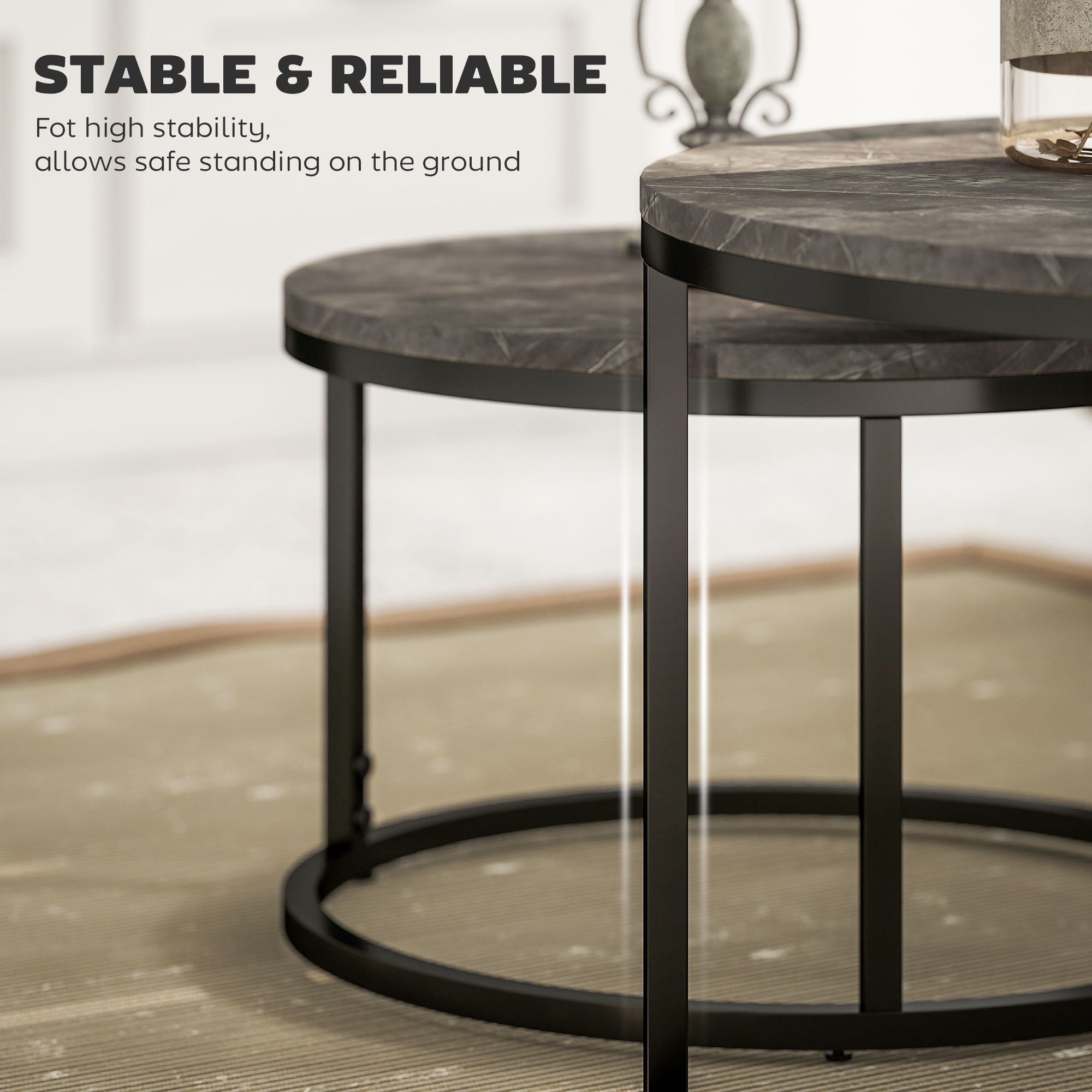 Zephyr Modern Coffee Table Set of 2, Nesting Side Tables w/ Metal Base for Living Room Bedroom Office Faux Marbled Grey