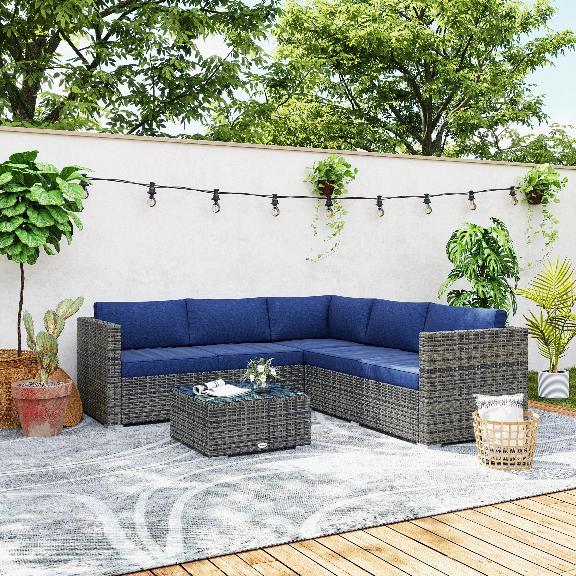 Brooke 4 Pieces Rattan Wicker Outdoor Conversation Furniture Set with Center Table-Blue
