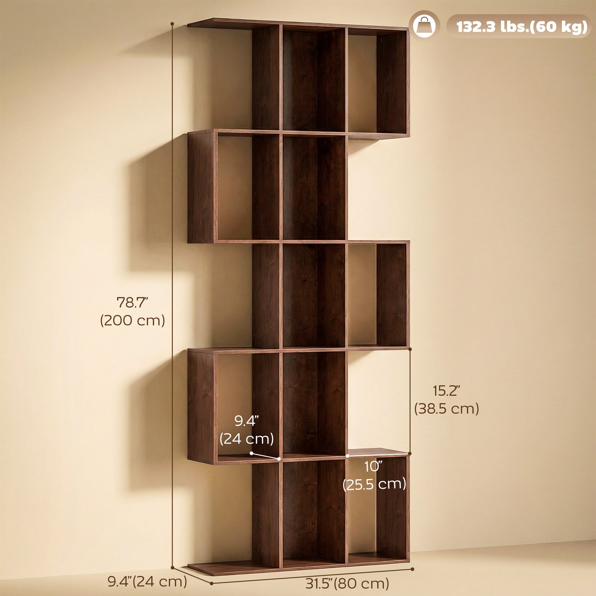 Ari 5-Tier S Shaped Geometric Bookshelf with 15 Compartments-Brown Wood Grain
