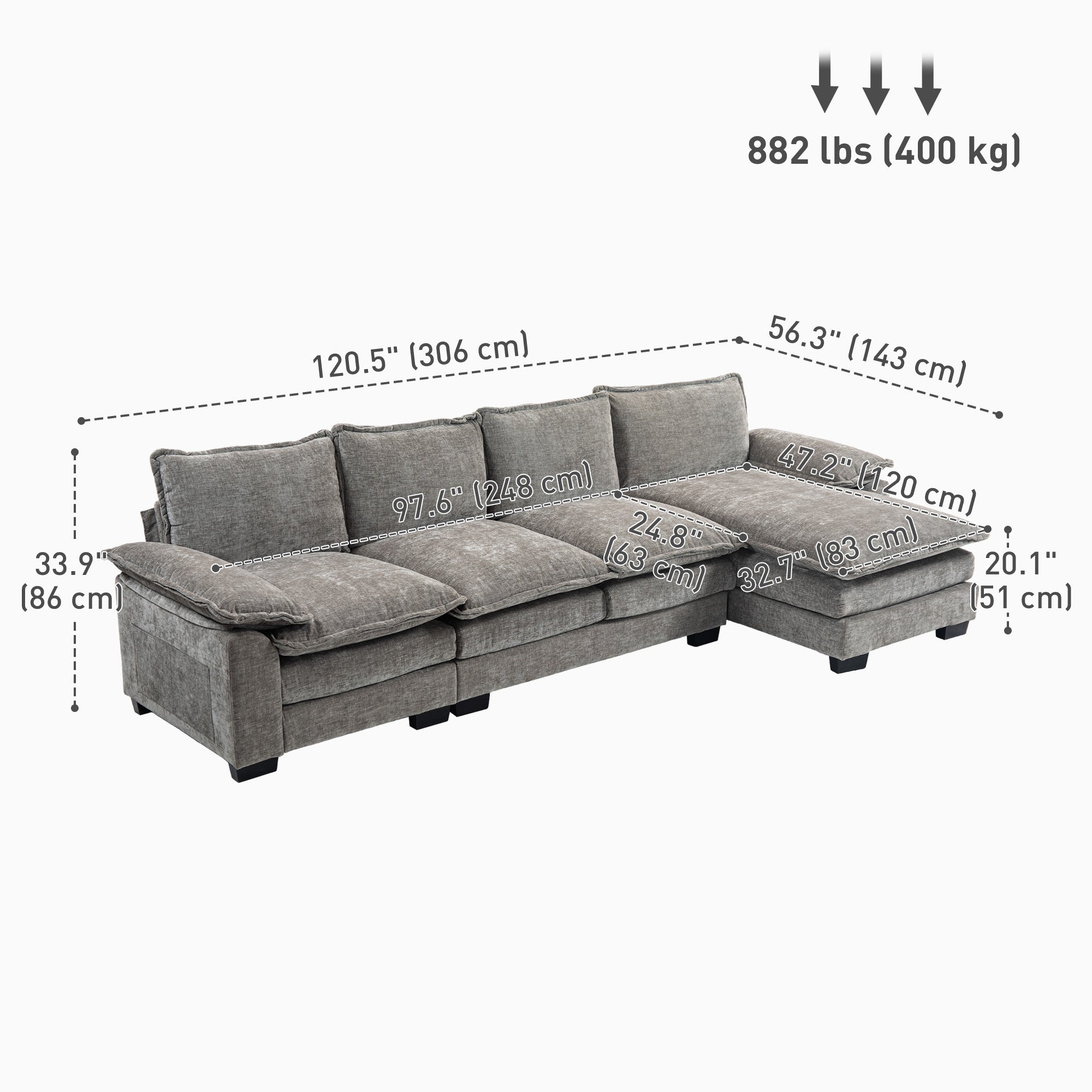 GABI Sectional RHF with Chaise Lounge, Chenille L-shaped Couch with Double-layer Seat Cushion for Living Room, Grey