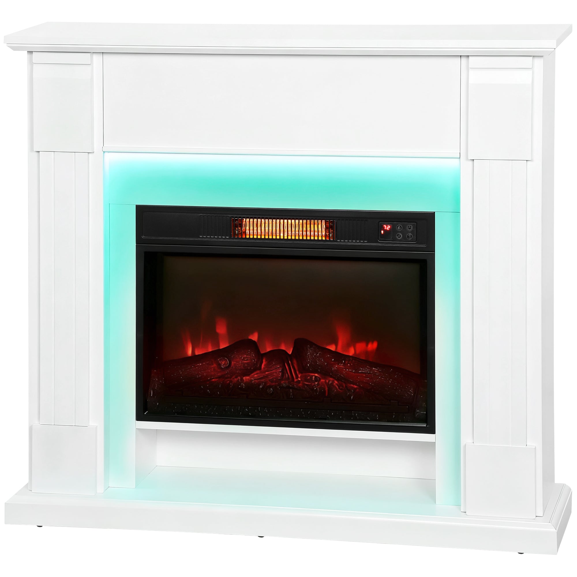 Electric fireplace with mantel featuring realistic flame effect for home heating