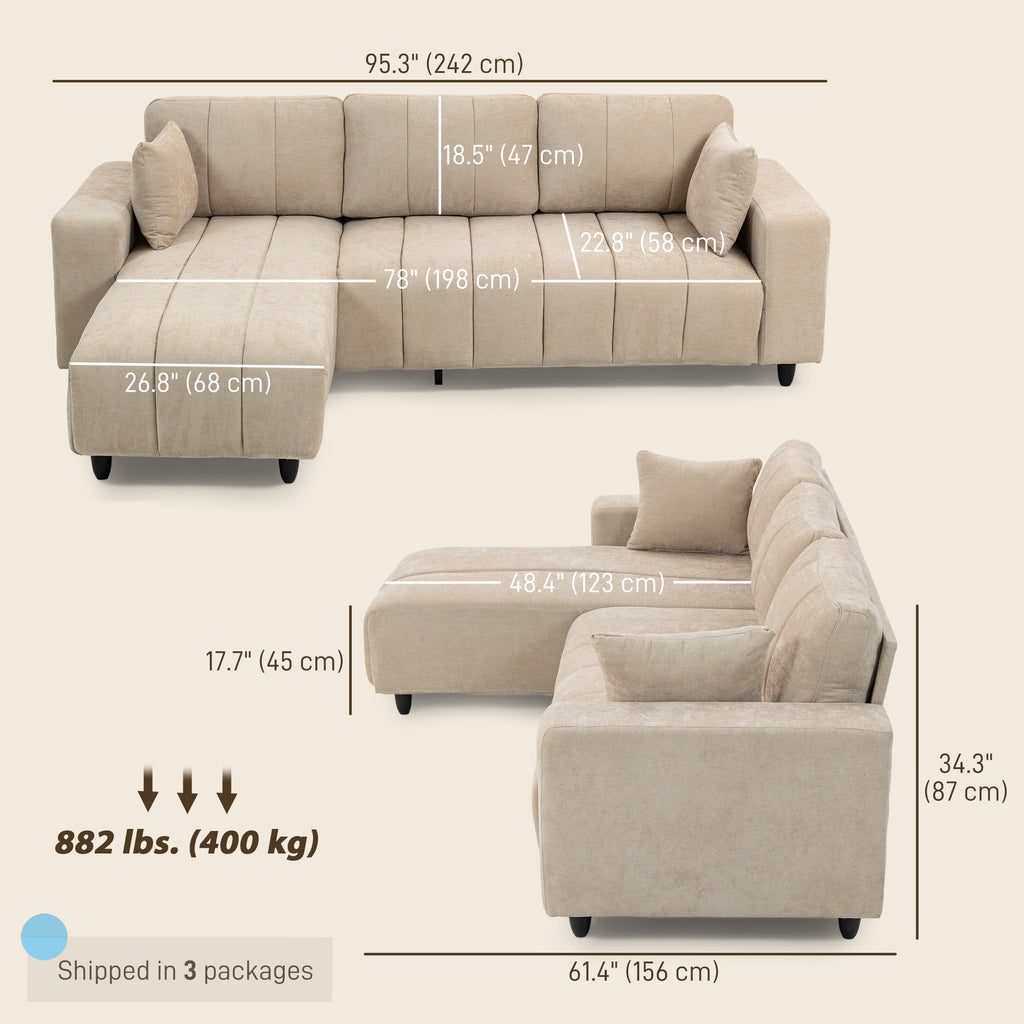 WILSHERE Reversible Sectional with Integrated Seat, 3 Seater L-Shaped Sofa with Changeable Chaise, Spring Cushion, 2 Pillows, Beige