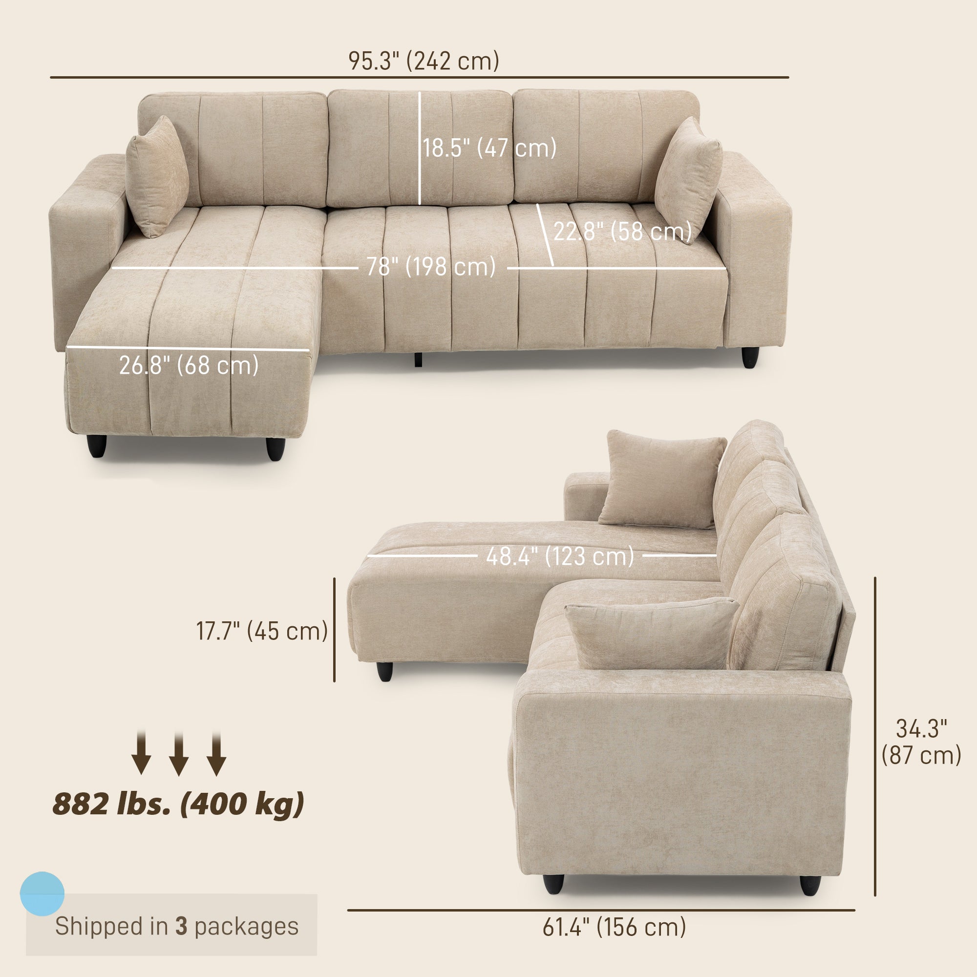 WILSHERE Reversible Sectional with Integrated Seat, 3 Seater L-Shaped Sofa with Changeable Chaise, Spring Cushion, 2 Pillows, Beige