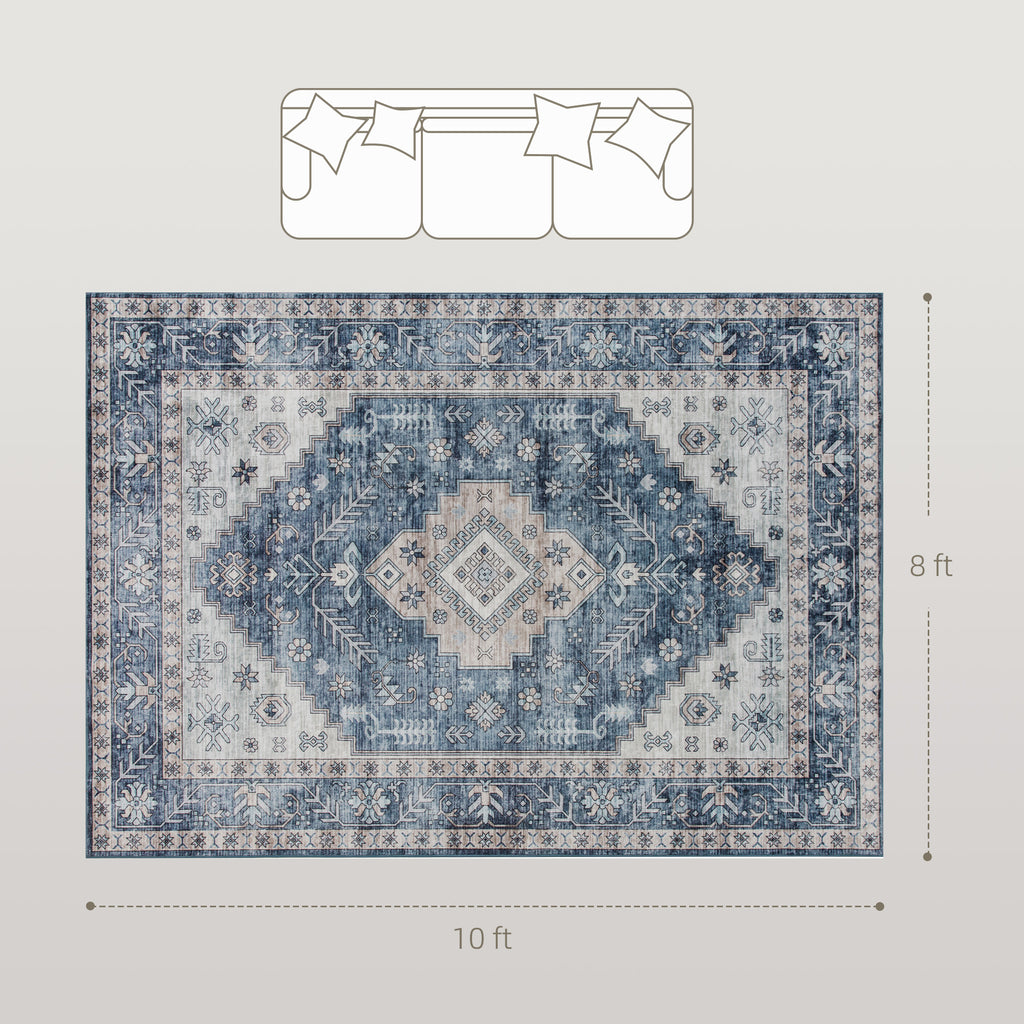 Brady 8x10 Vintage Machine Washable and Non-Slip Floor Area Rug-Blue