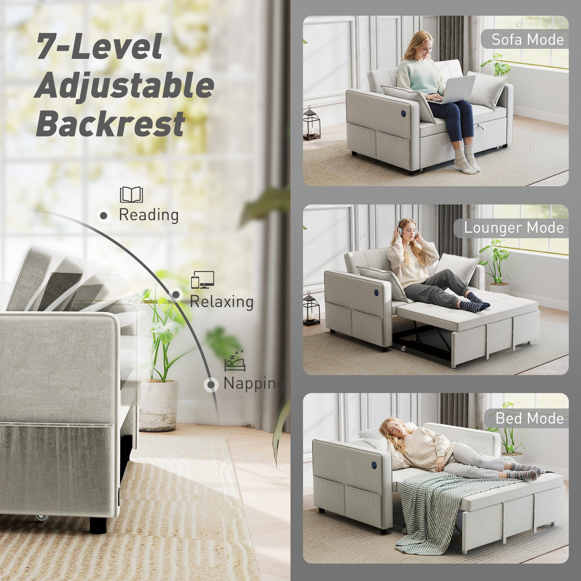 Ari 3 in 1 Convertible Sofa Bed with Adjustable Backrest and USB Ports-Beige