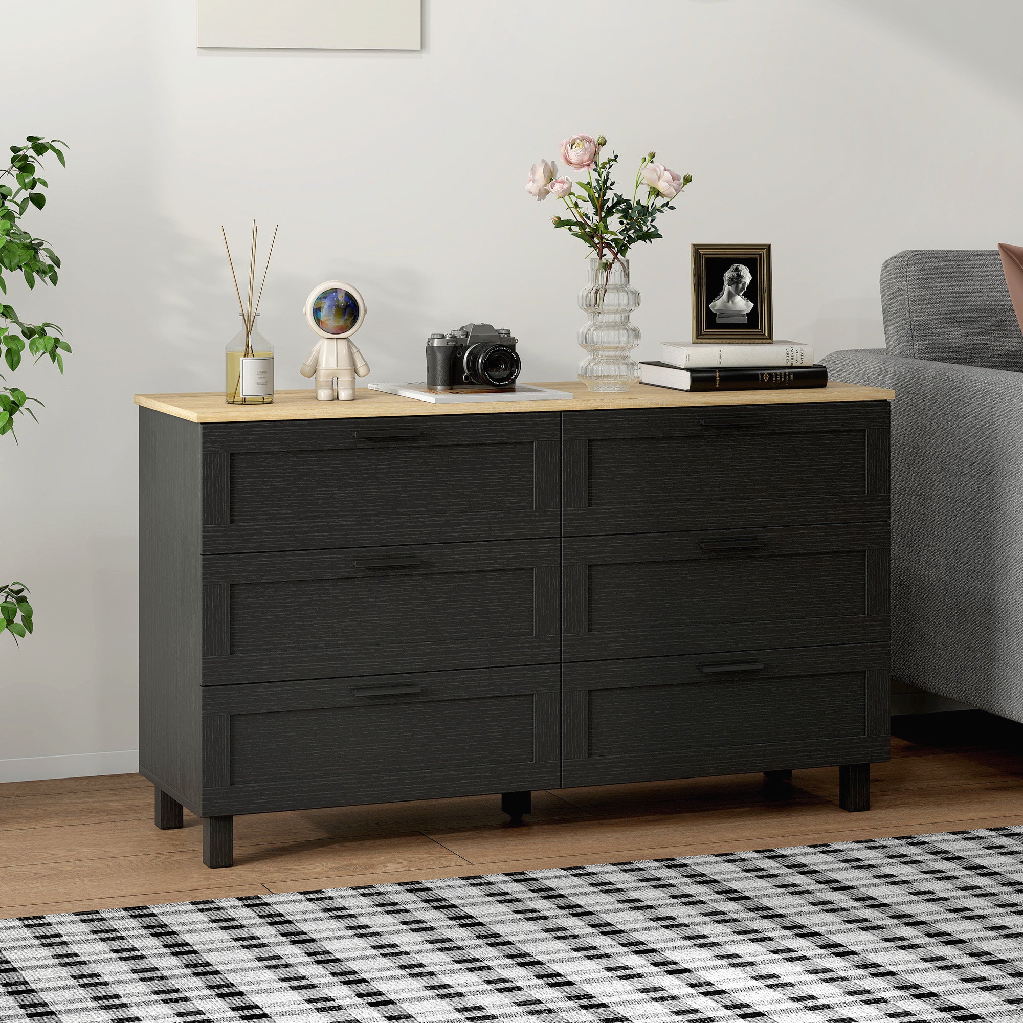 Martha 47" Wide Modern Dresser with 6 Drawers for Bedroom, Living Room and Entryway-Black