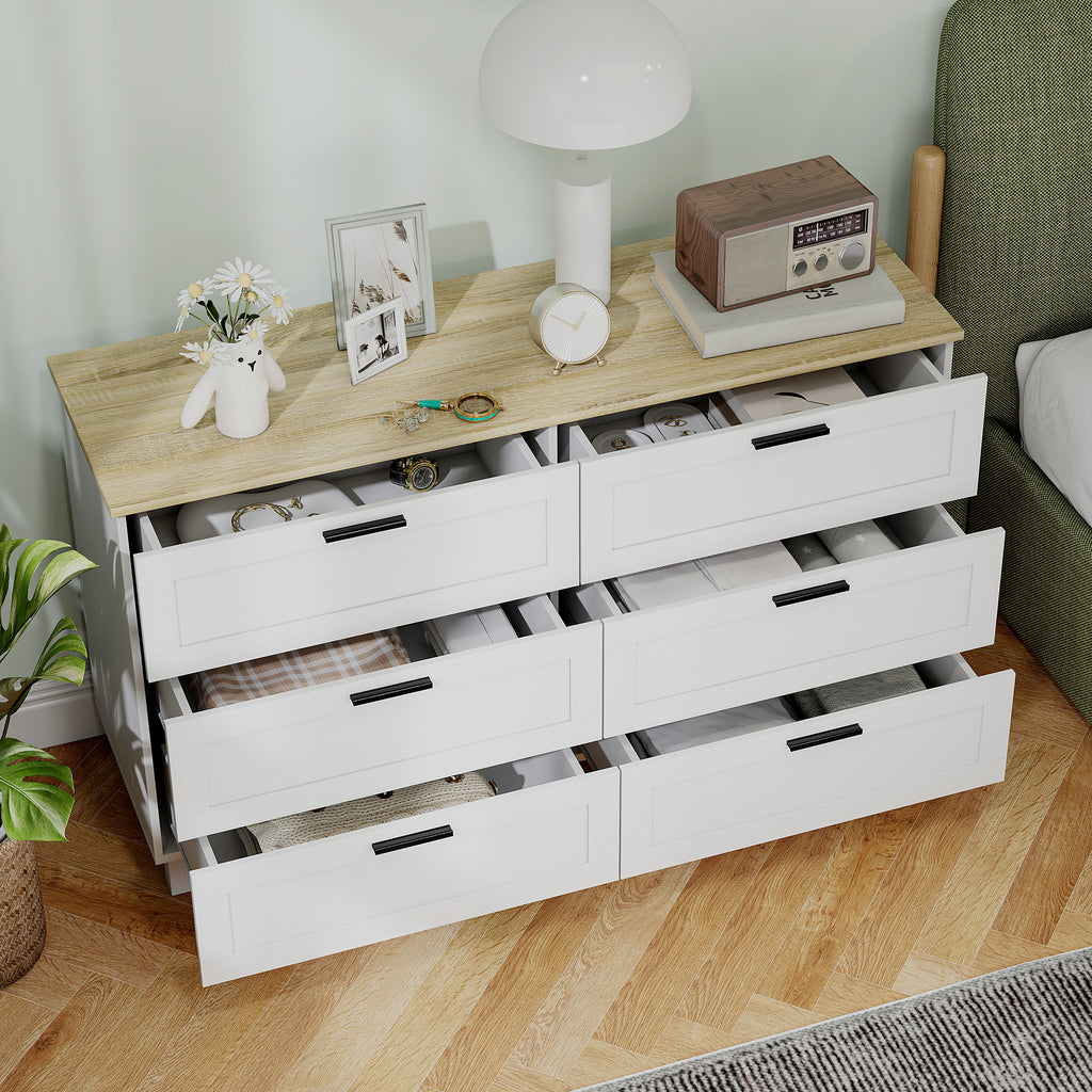 Martha 47" Wide Modern Dresser with 6 Drawers and Wood Legs for Bedroom, Living Room, Entryway, White