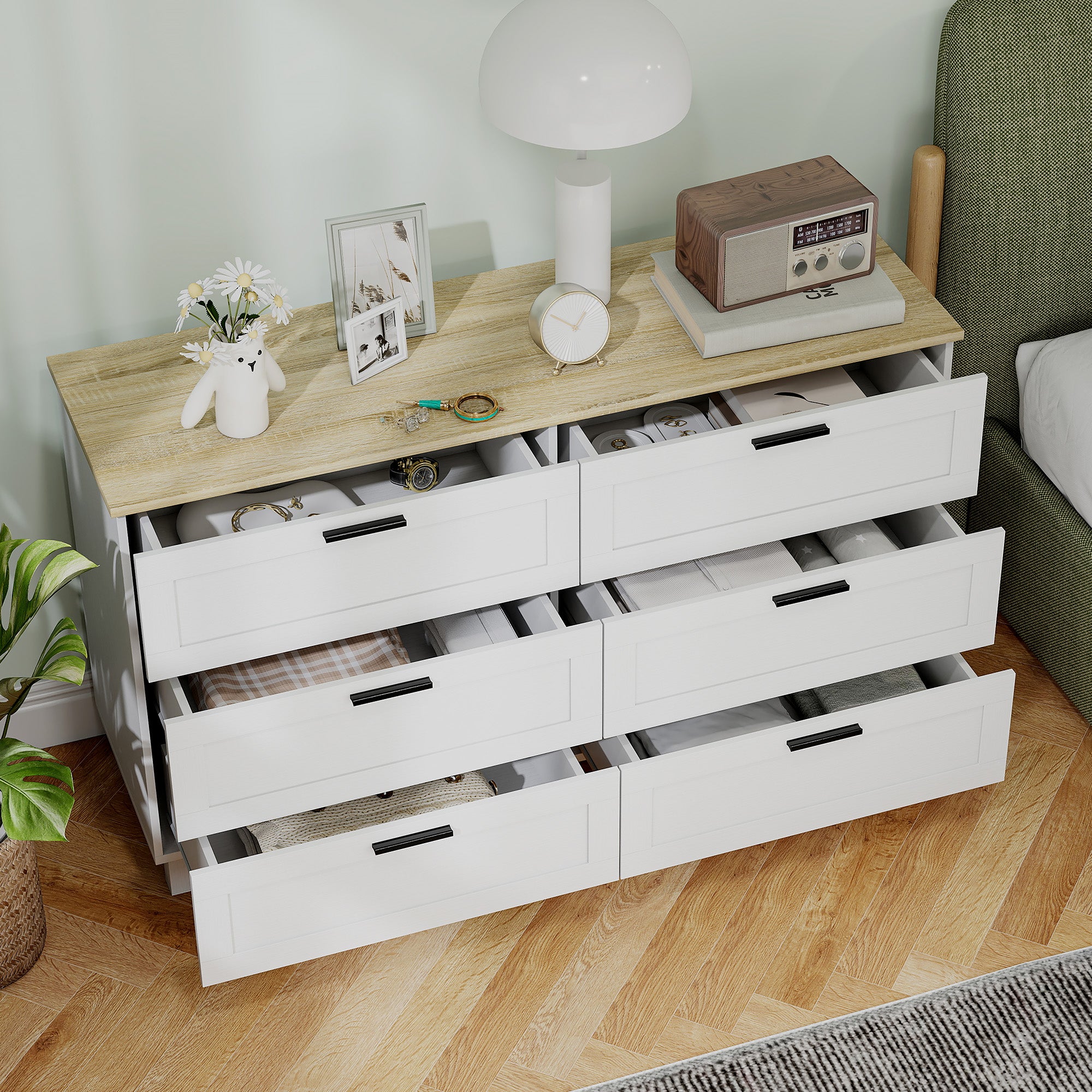 Martha 47" Wide Modern Dresser with 6 Drawers and Wood Legs for Bedroom, Living Room, Entryway, White