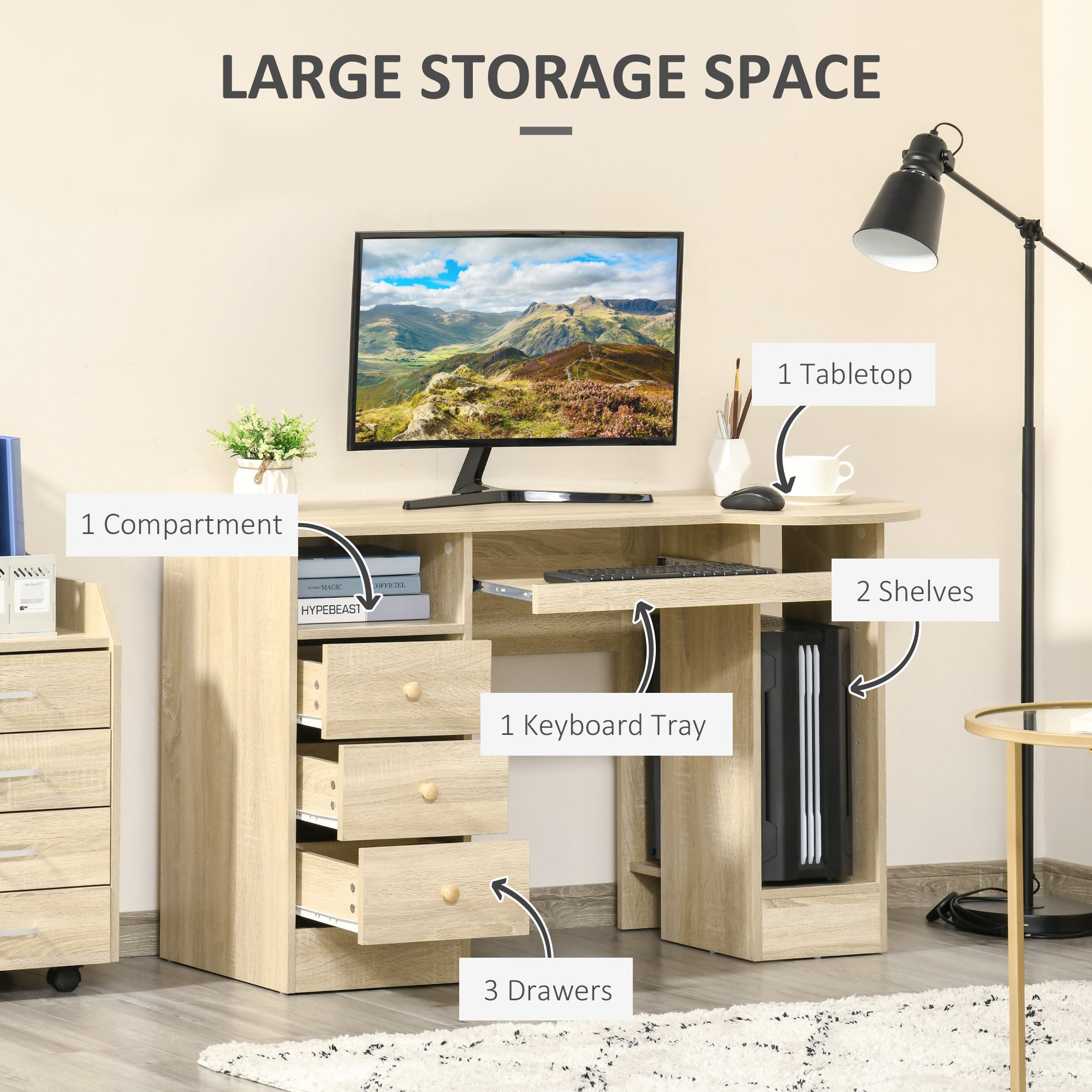 Parker Office Desk with Storage, Modern Computer Workstation Desk with Keyboard Tray-Natural