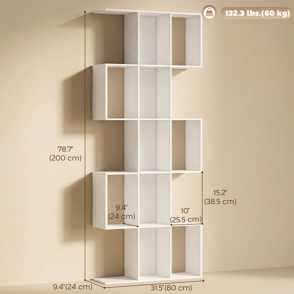 Ari 5-Tier S Shaped Geometric Bookshelf with 15 Compartments-White