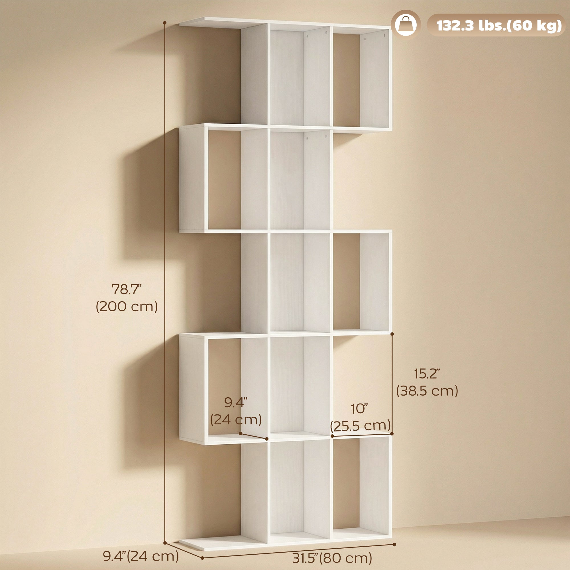 Ari 5-Tier S Shaped Geometric Bookshelf with 15 Compartments-White