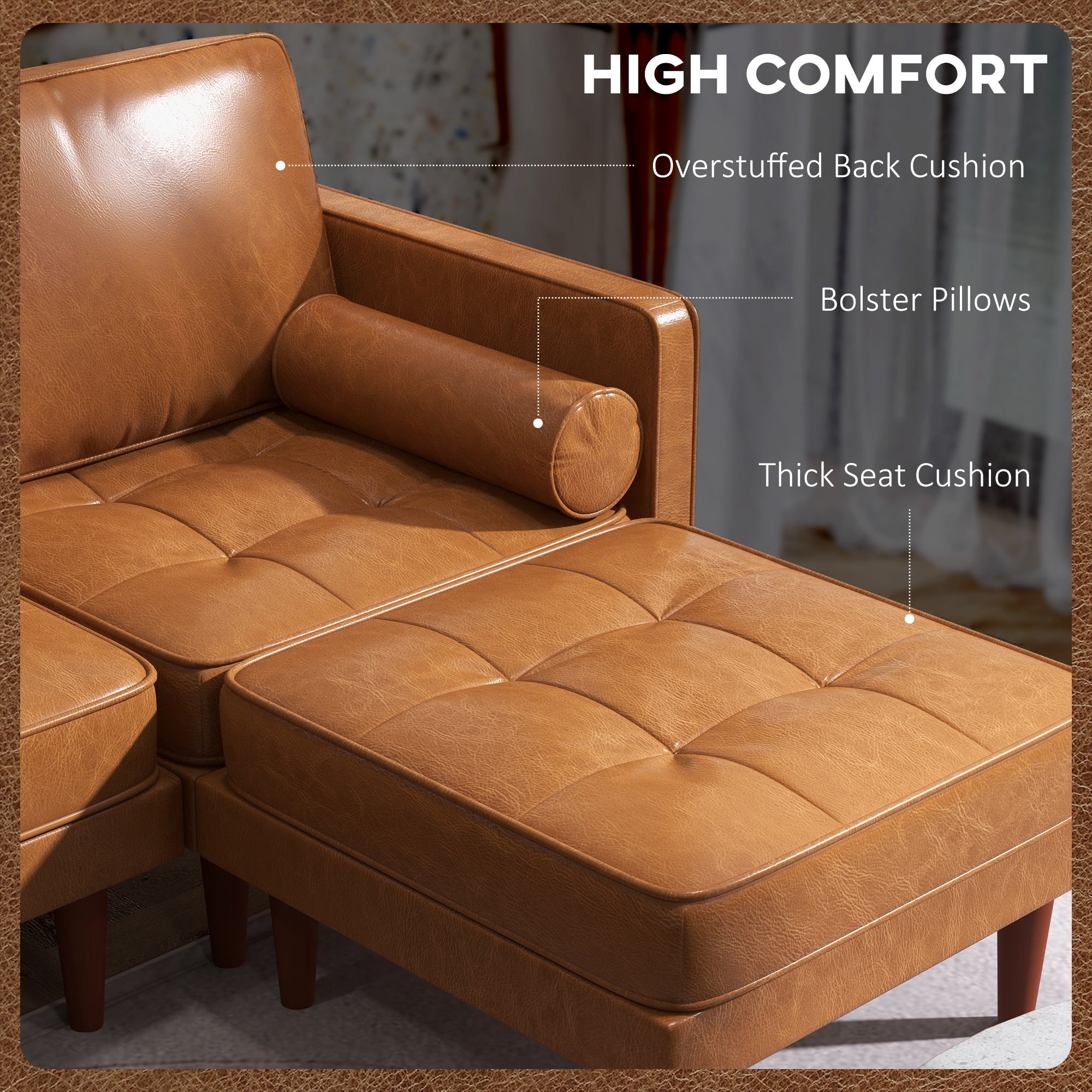 Reuben Faux Leather  Sectional-Sofa with movable Footstool and 2 Bolster Pillows-Brown