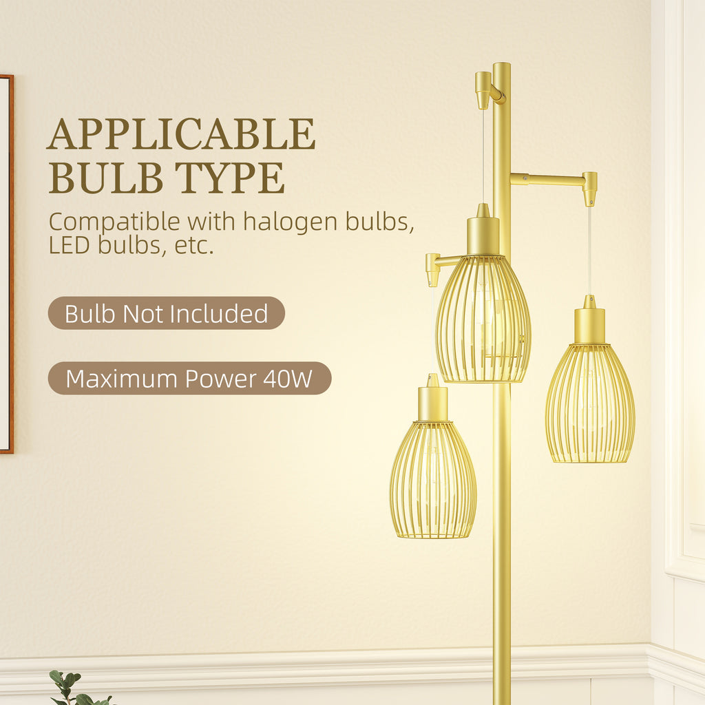 Carmen Dimmable Floor Lamp with 3 Hanging Wire Lampshades-Gold