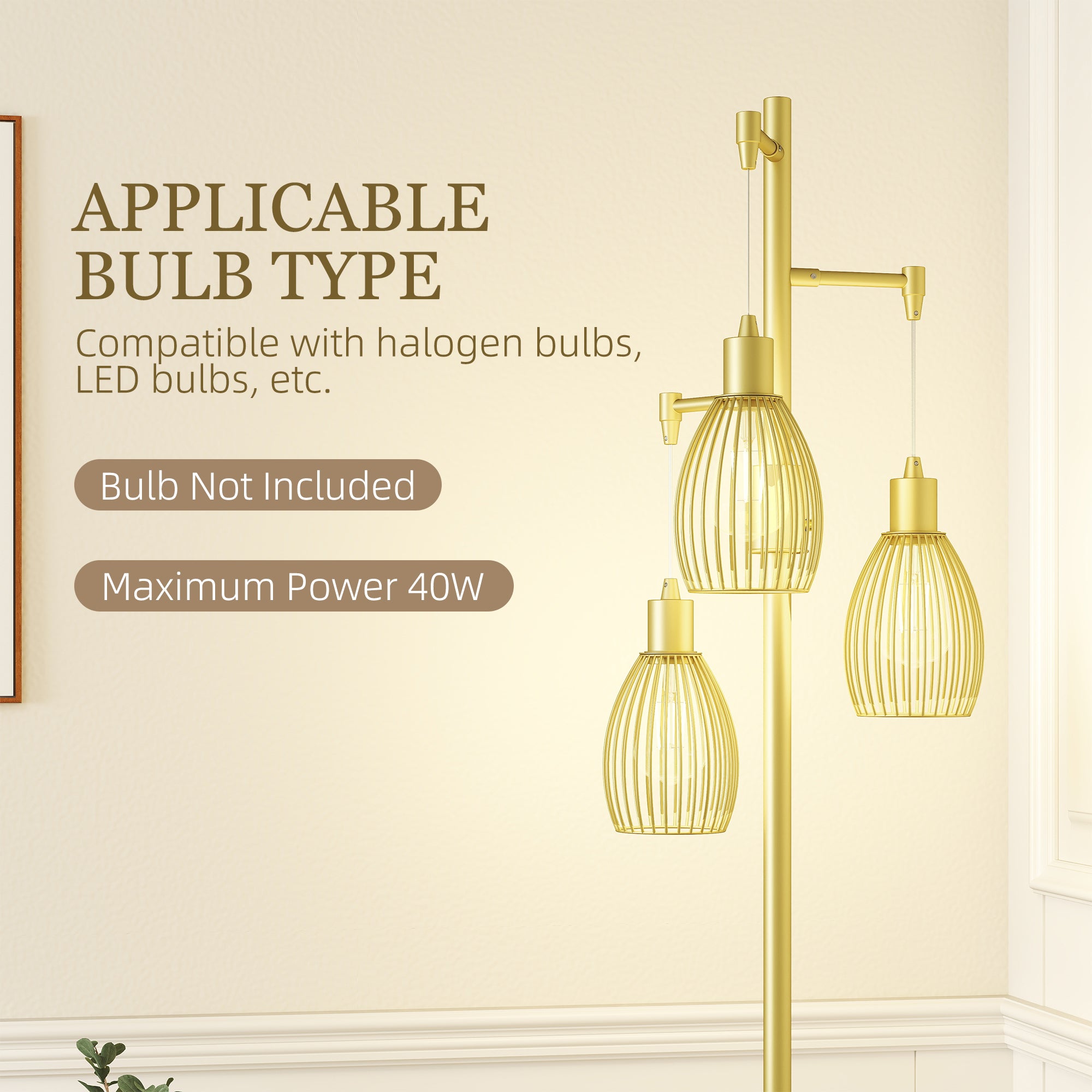 Carmen Dimmable Floor Lamp with 3 Hanging Wire Lampshades-Gold