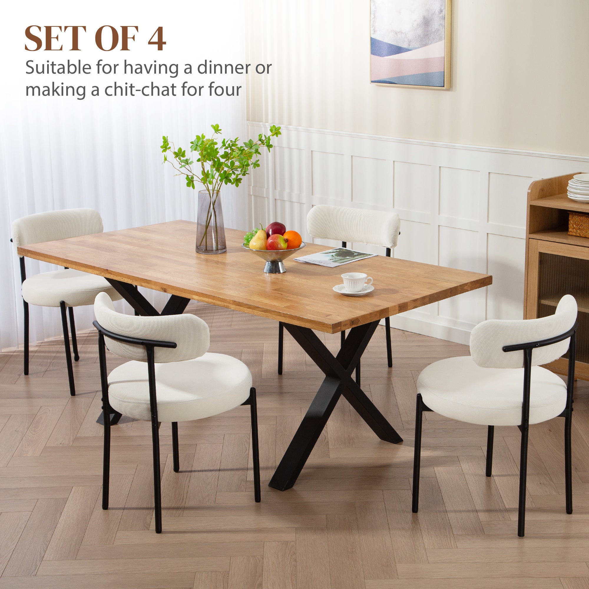 Cruz 4 Pieces Kitchen Chairs, Modern Dining Chairs w/ Corduroy Upholstery and Steel Legs for Living Room, Beige