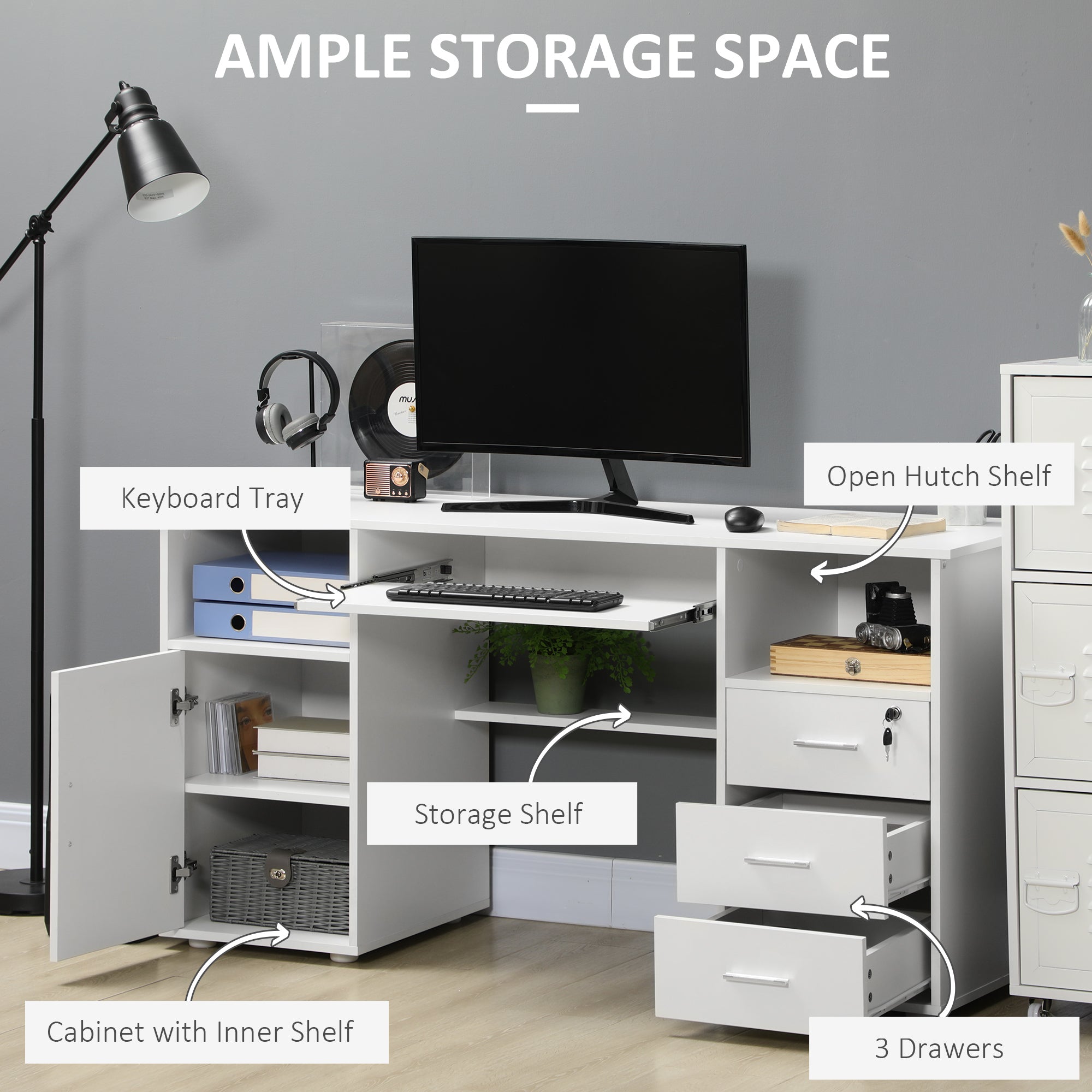 Bloom Computer Desk with Keyboard Tray and Drawers, Writing Desk, Home Office Workstation, White