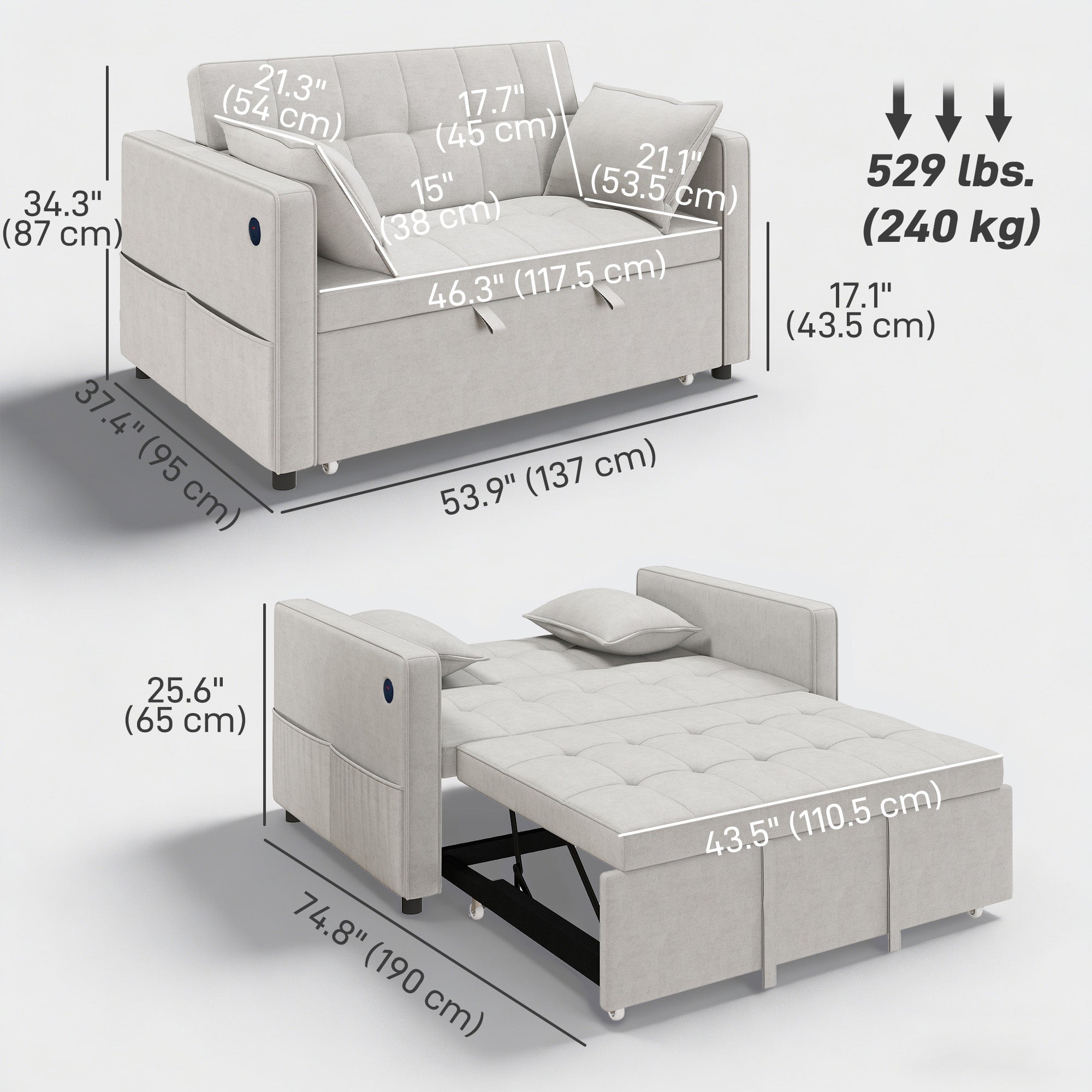 Ari 3 in 1 Convertible Sofa Bed with Adjustable Backrest and USB Ports-Beige