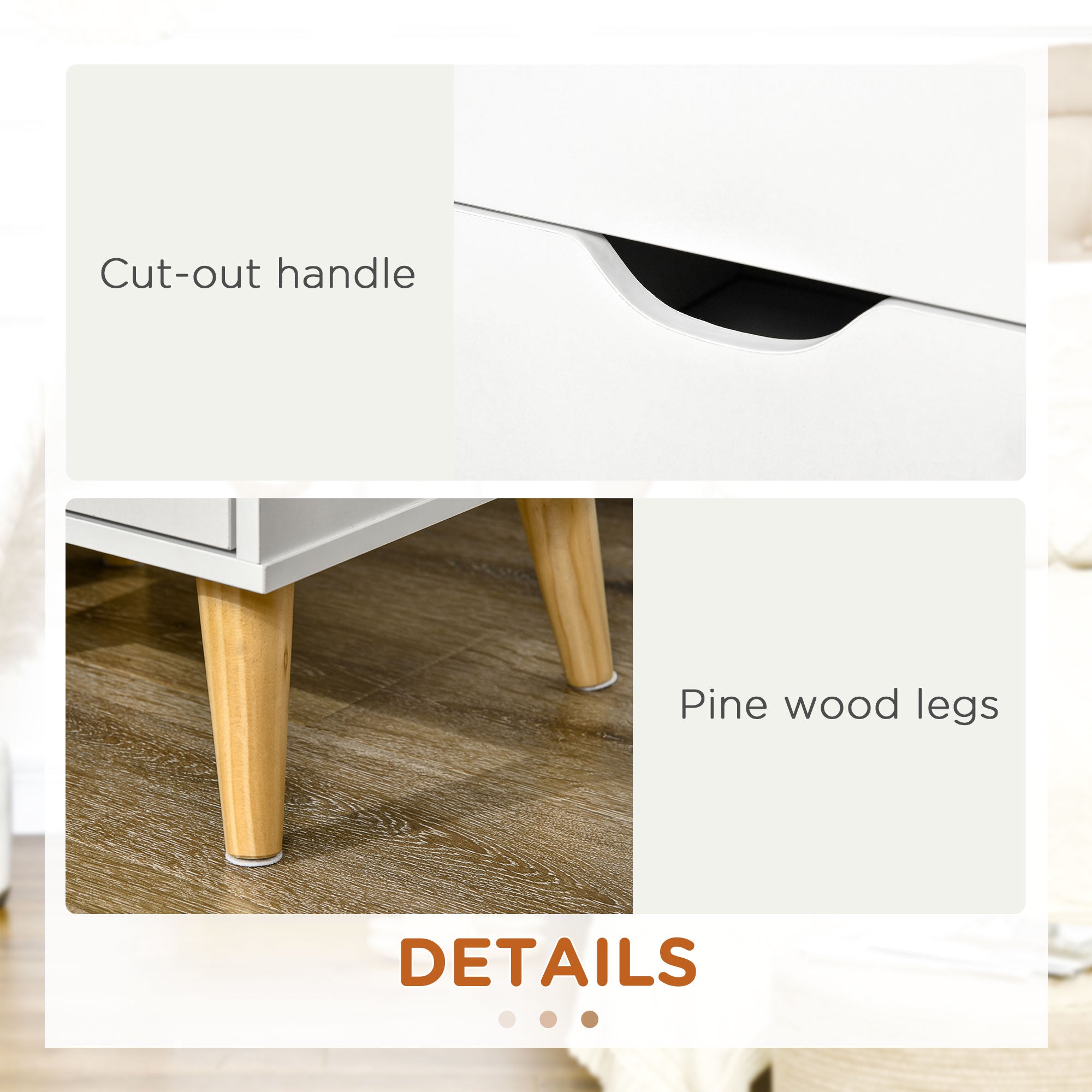 Jesse Modern Bedside Table, Nightstand with 2 Drawers and Pine Wood Legs for Bedroom, Living Room, White